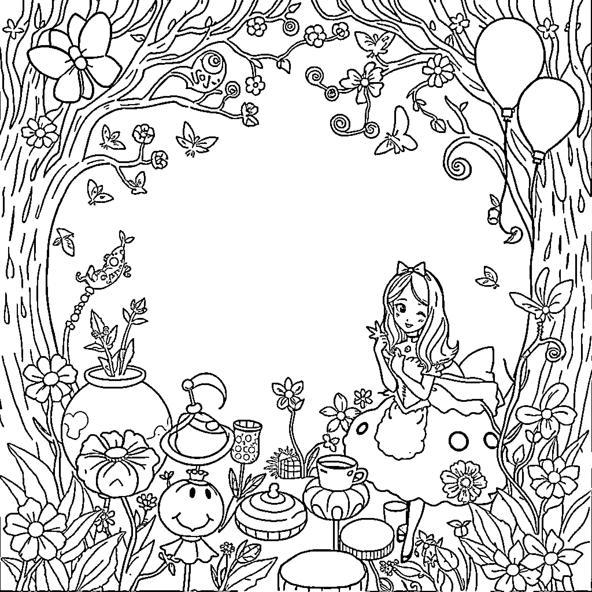 Alice's Magical Floral Adventure Coloring Page (free black-and-white line drawing printable PDF for all, from beginners to advanced learners, including children, teens, adults, and seniors)
