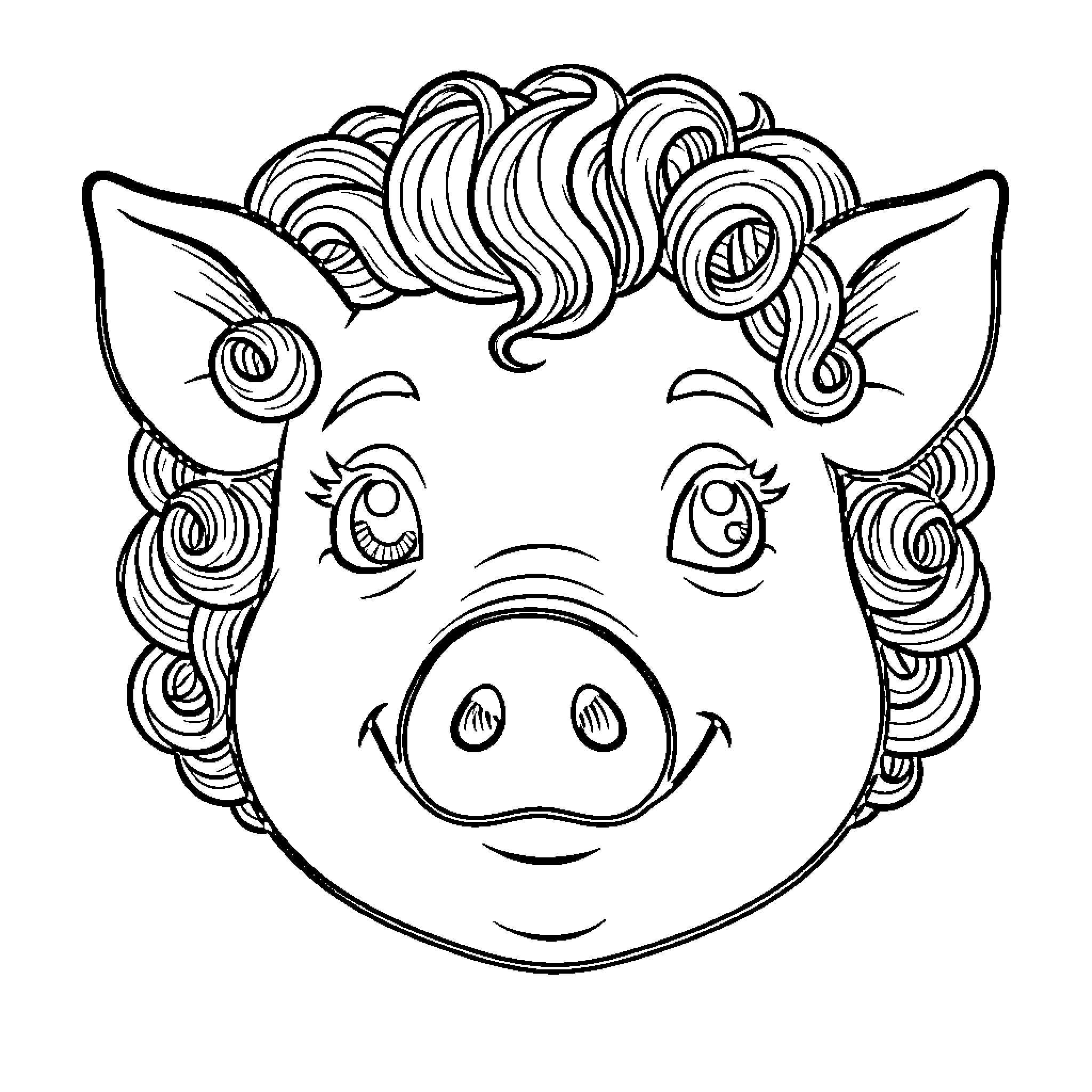 Cabeza de Chancho with whimsical hairstyle Coloring Page (free black-and-white line drawing printable PDF for all, from beginners to advanced learners, including children, teens, adults, and seniors)