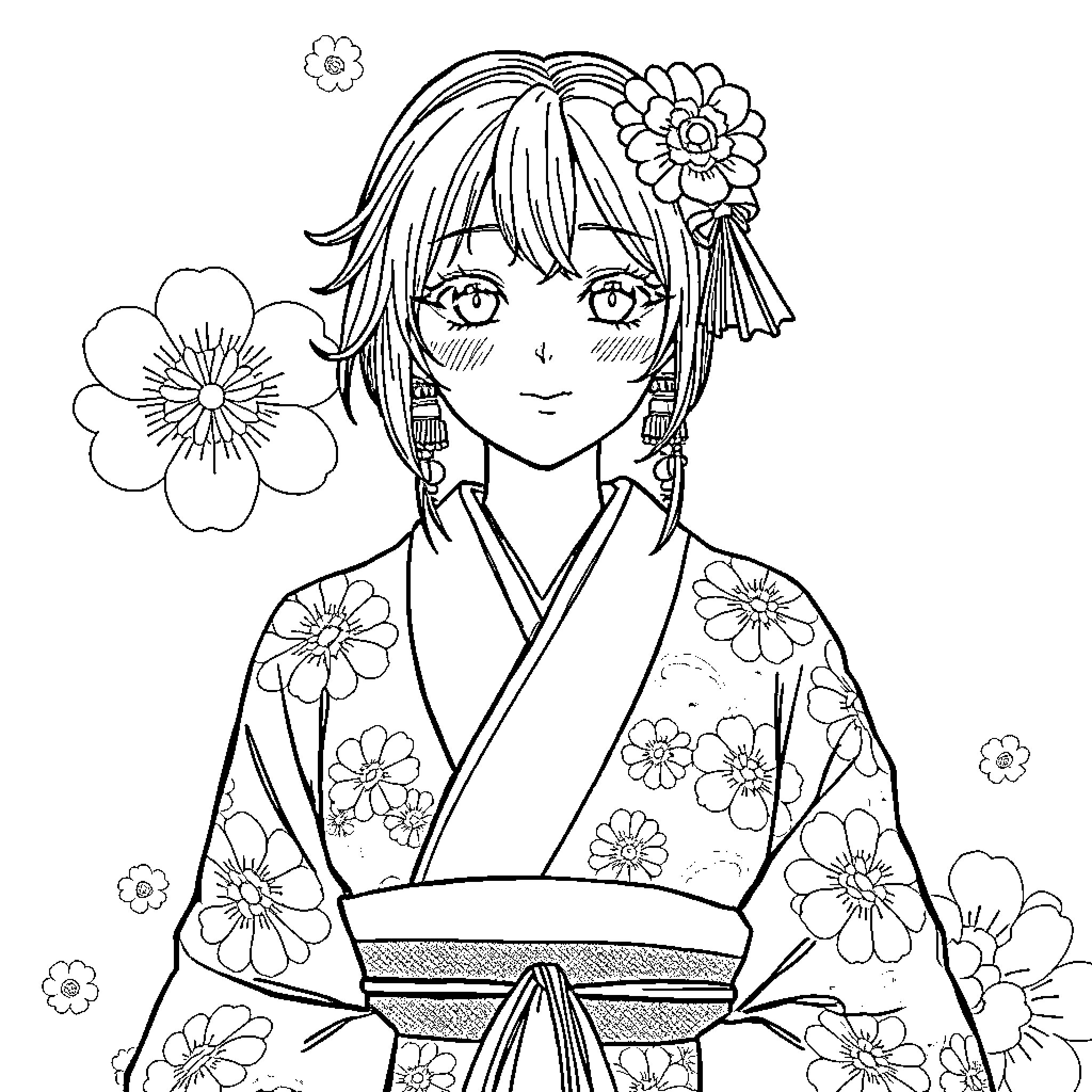 Kuromi in Kimono Surrounded by Whimsical Flowers Coloring Page (free black-and-white line drawing printable PDF for all, from beginners to advanced learners, including children, teens, adults, and seniors)