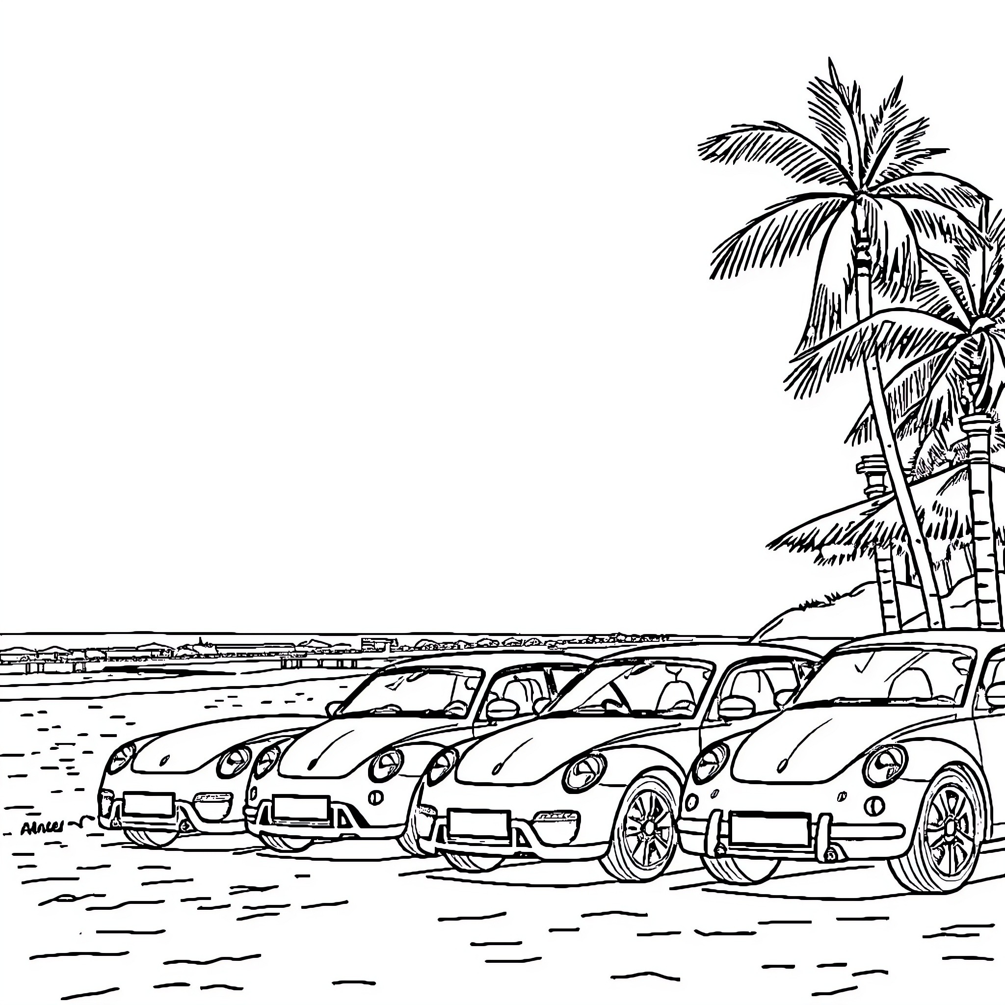 Cars parked near palm trees on tropical beach Coloring Page (free black-and-white line drawing printable PDF for all, from beginners to advanced learners, including children, teens, adults, and seniors)