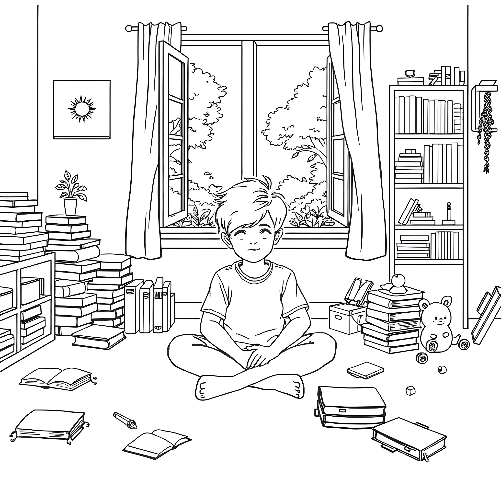 Boy reading books in his cozy room Coloring Page (free black-and-white line drawing printable PDF for all, from beginners to advanced learners, including children, teens, adults, and seniors)