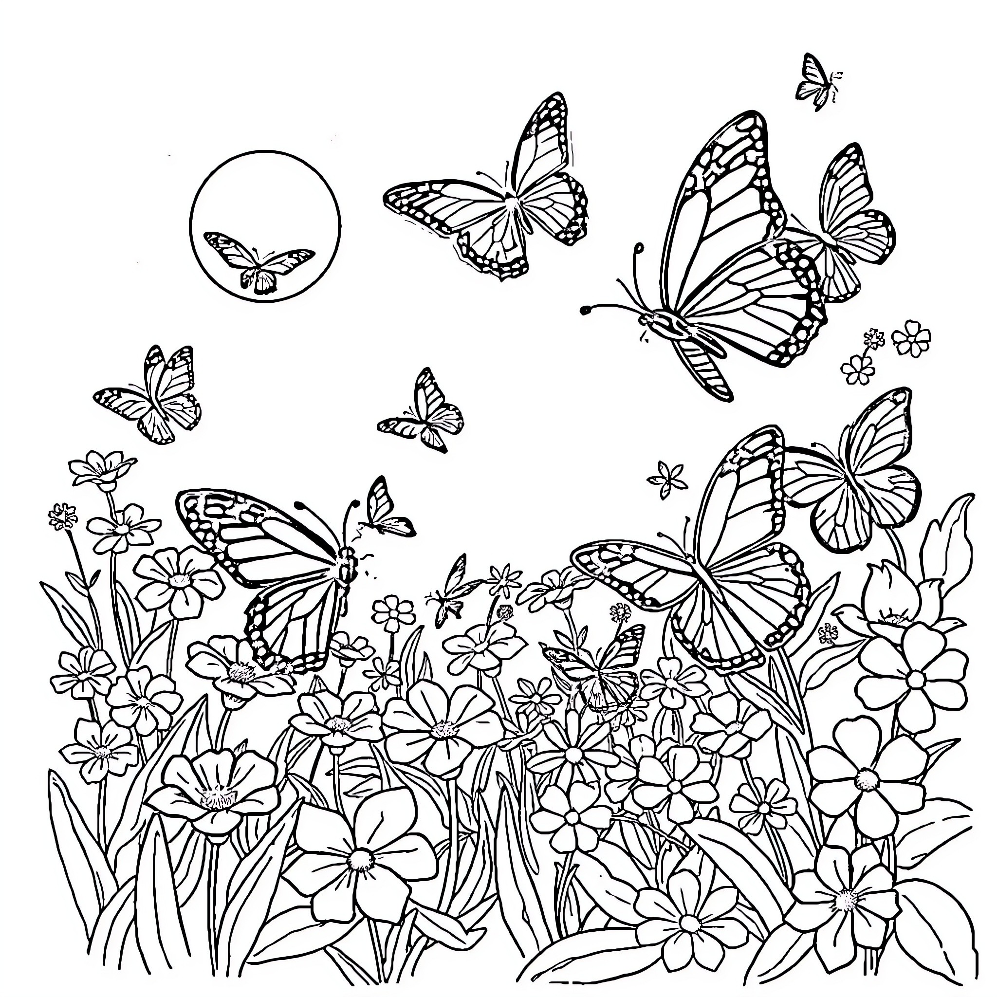 Butterfly Garden with Blooming Flowers Coloring Page (free black-and-white line drawing printable PDF for all, from beginners to advanced learners, including children, teens, adults, and seniors)