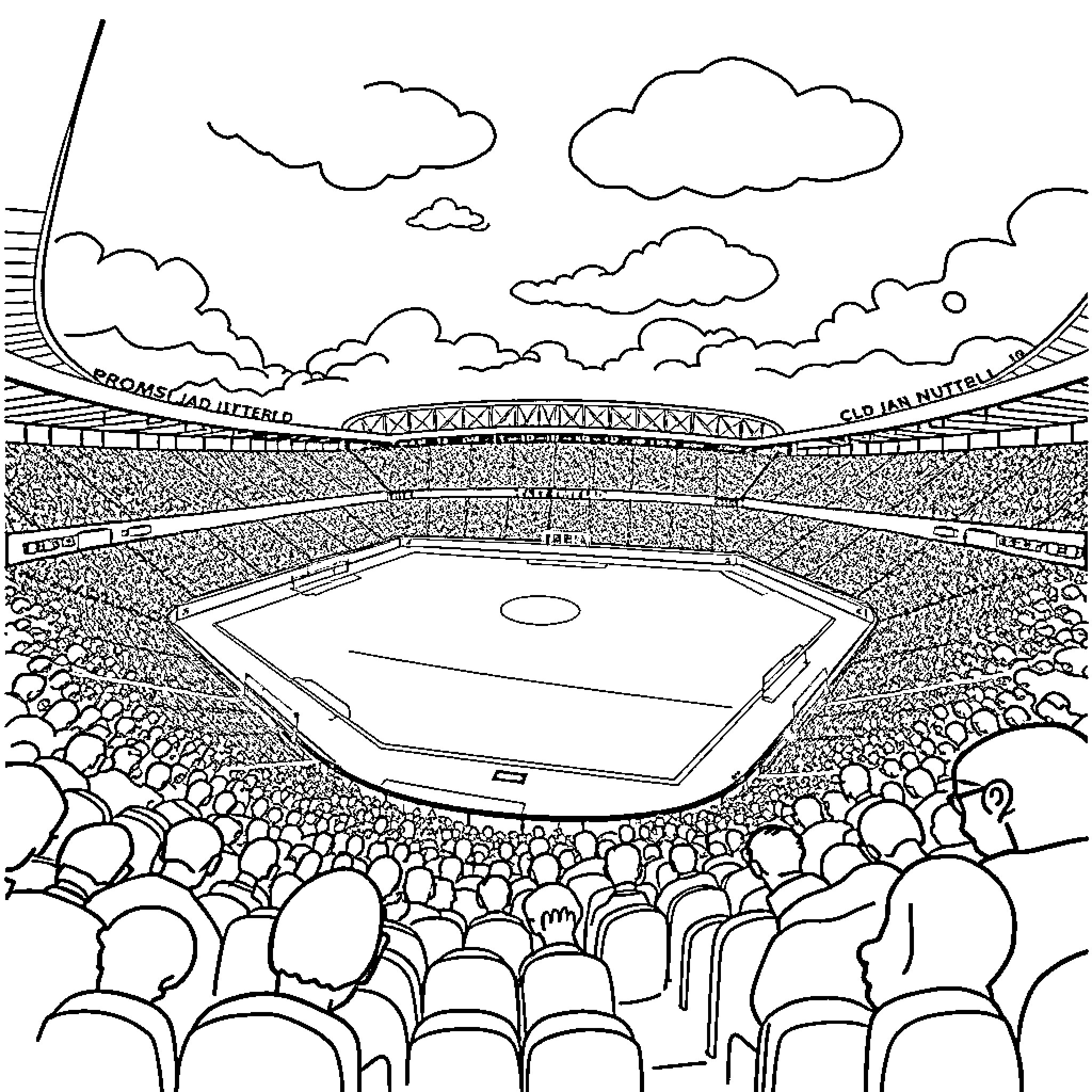 Old Trafford Packed Stadium with Crowd and Baseball Game Coloring Page (free black-and-white line drawing printable PDF for all, from beginners to advanced learners, including children, teens, adults, and seniors)