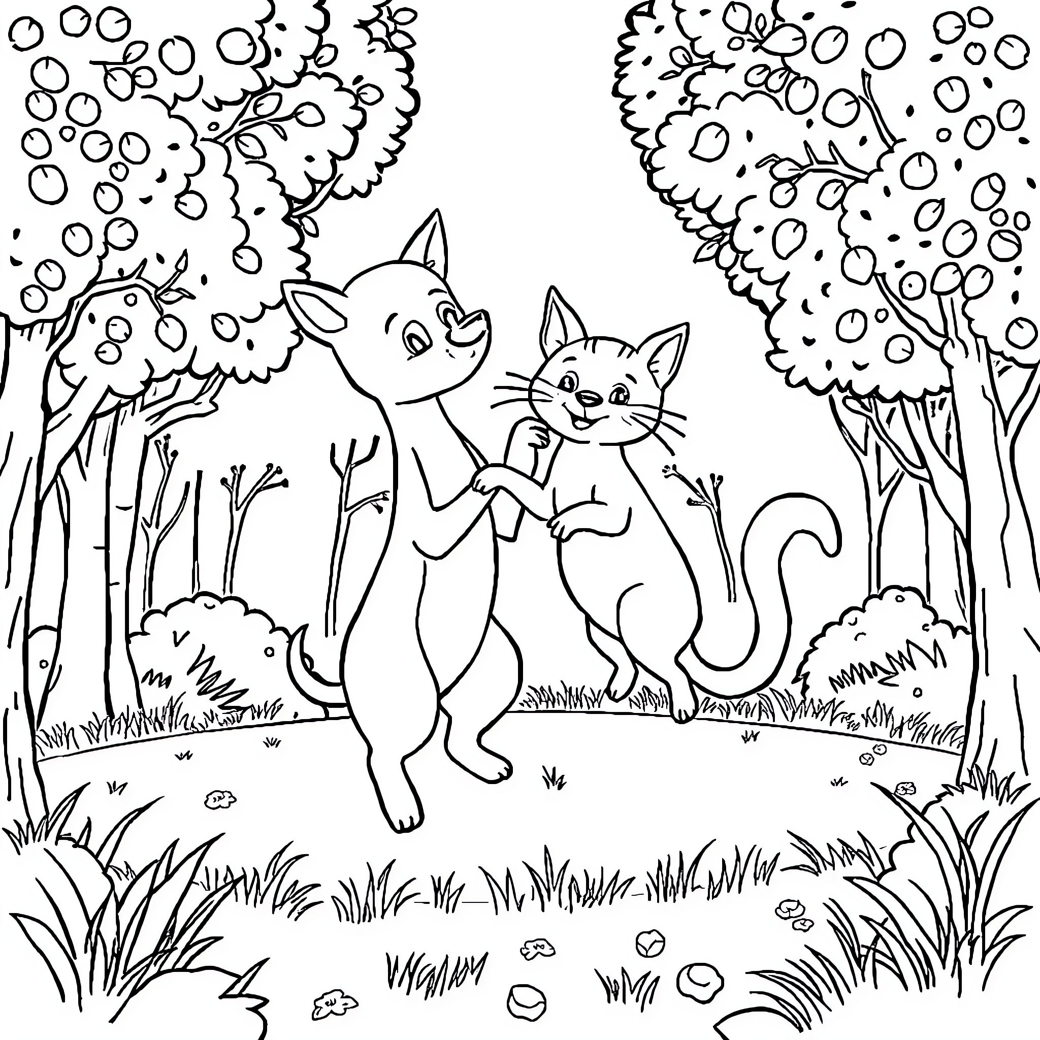 Dog and cat playing in the forest Coloring Page (free black-and-white line drawing printable PDF for all, from beginners to advanced learners, including children, teens, adults, and seniors)