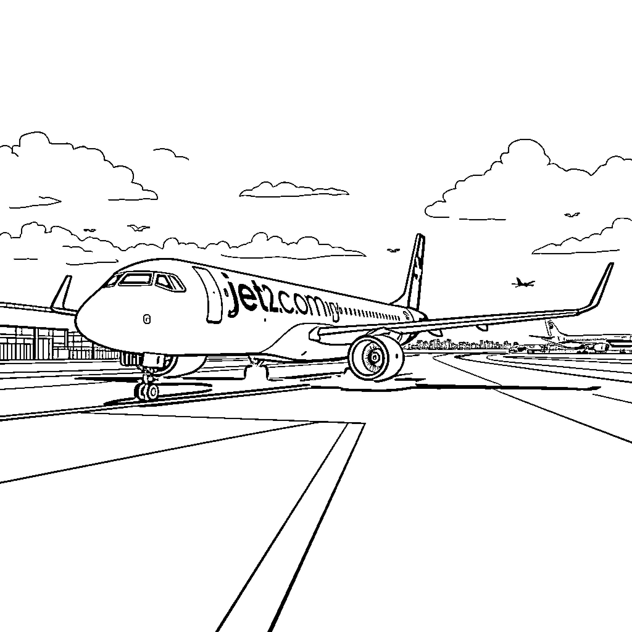 Jet airplane on the runway with clouds Coloring Page (free black-and-white line drawing printable PDF for all, from beginners to advanced learners, including children, teens, adults, and seniors)