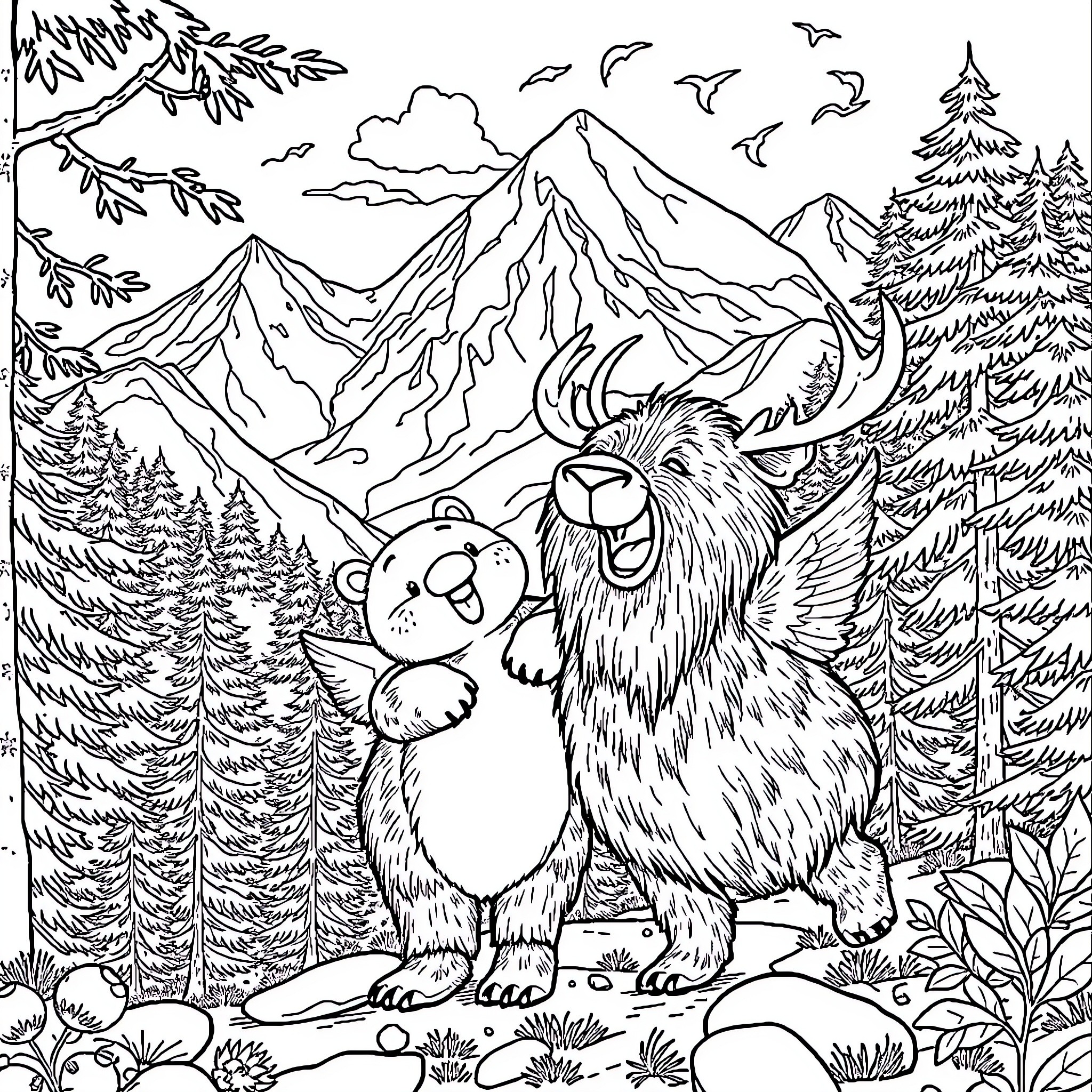 Bear Exploring the Majestic Mountain Landscape Coloring Page (free black-and-white line drawing printable PDF for all, from beginners to advanced learners, including children, teens, adults, and seniors)