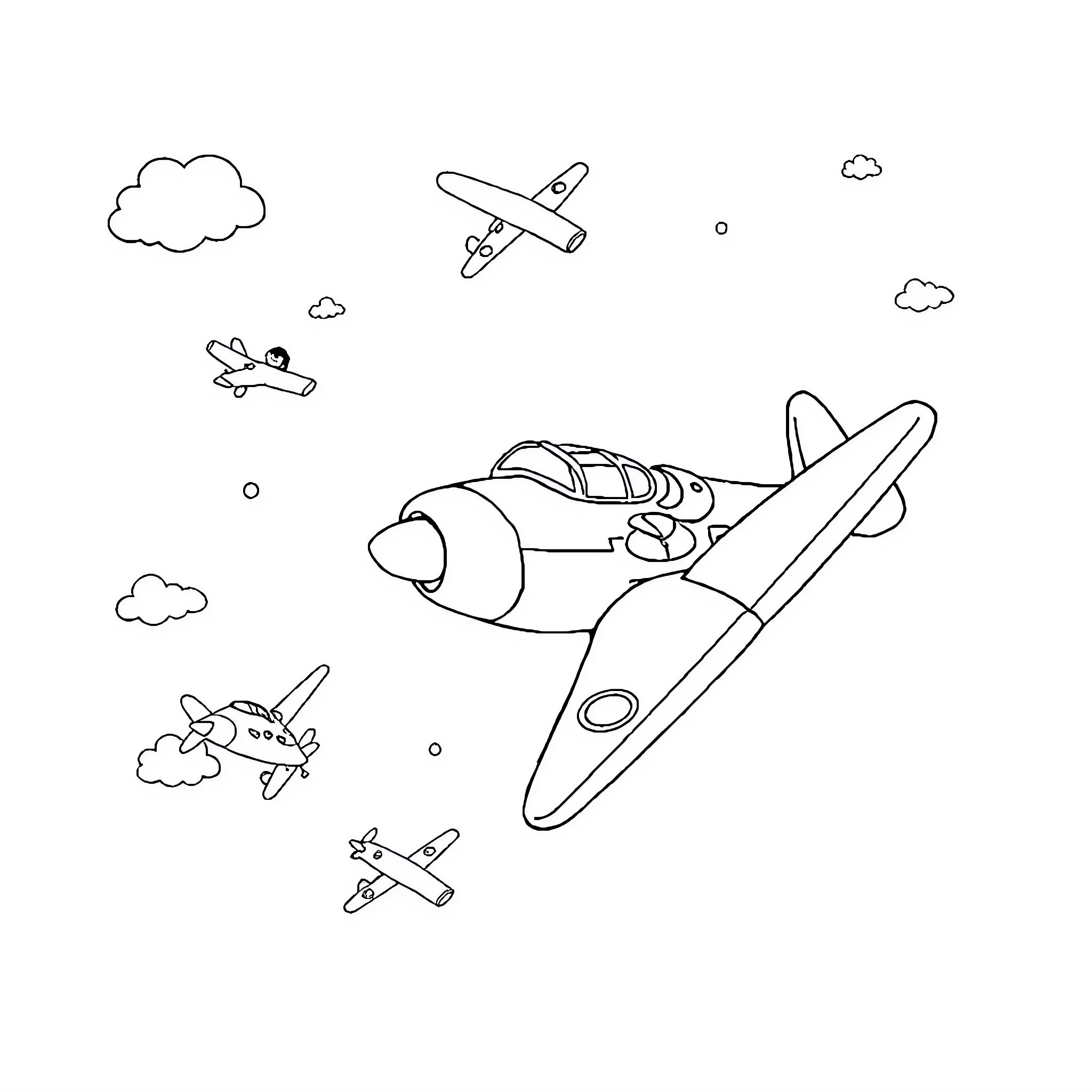 Kid's Adventures with Airplanes in the Sky Coloring Page (free black-and-white line drawing printable PDF for all, from beginners to advanced learners, including children, teens, adults, and seniors)