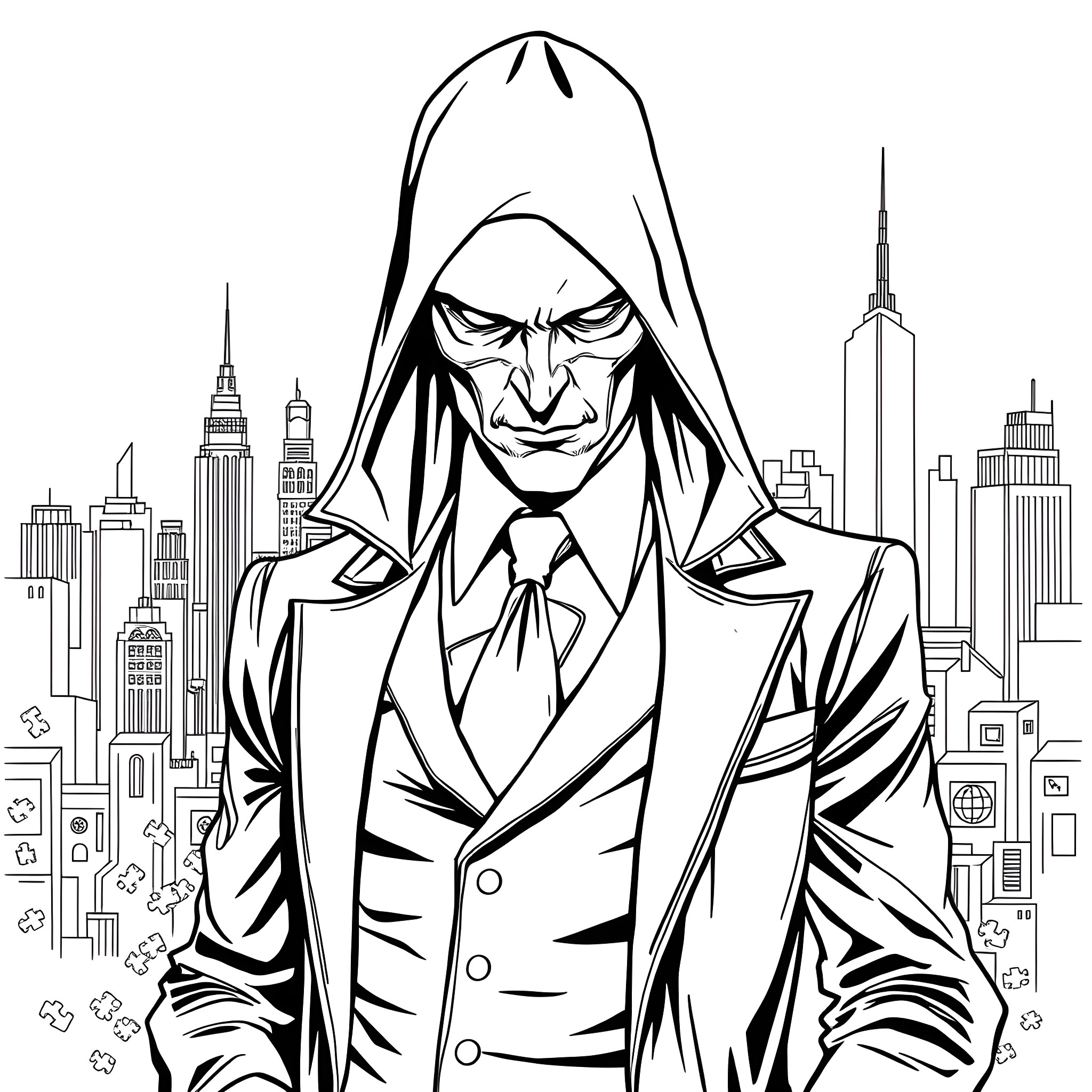 Riddler's Sinister Scheming in the City Coloring Page (free black-and-white line drawing printable PDF for all, from beginners to advanced learners, including children, teens, adults, and seniors)