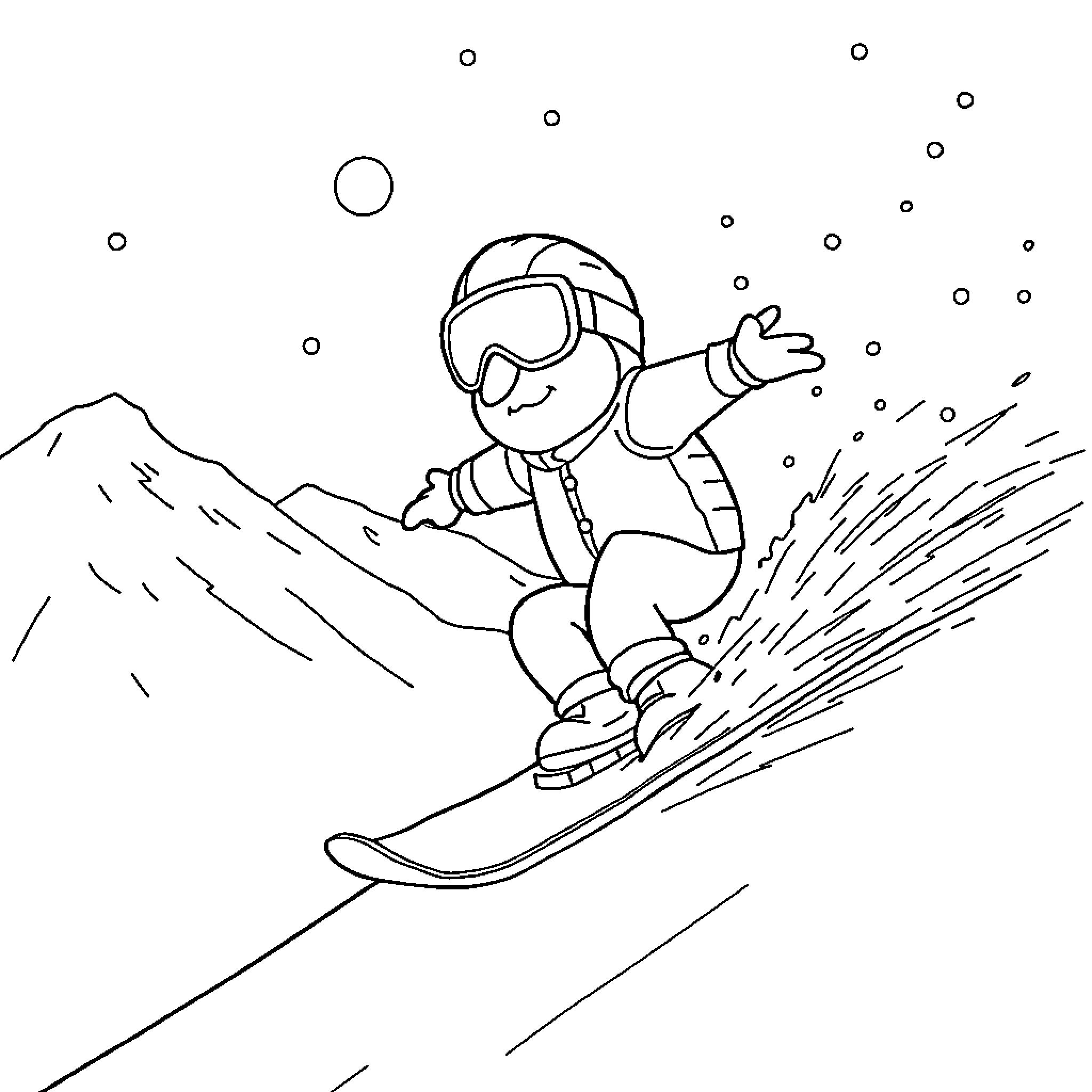 Sasquatch snowboarder enjoying mountain slopes Coloring Page (free black-and-white line drawing printable PDF for all, from beginners to advanced learners, including children, teens, adults, and seniors)
