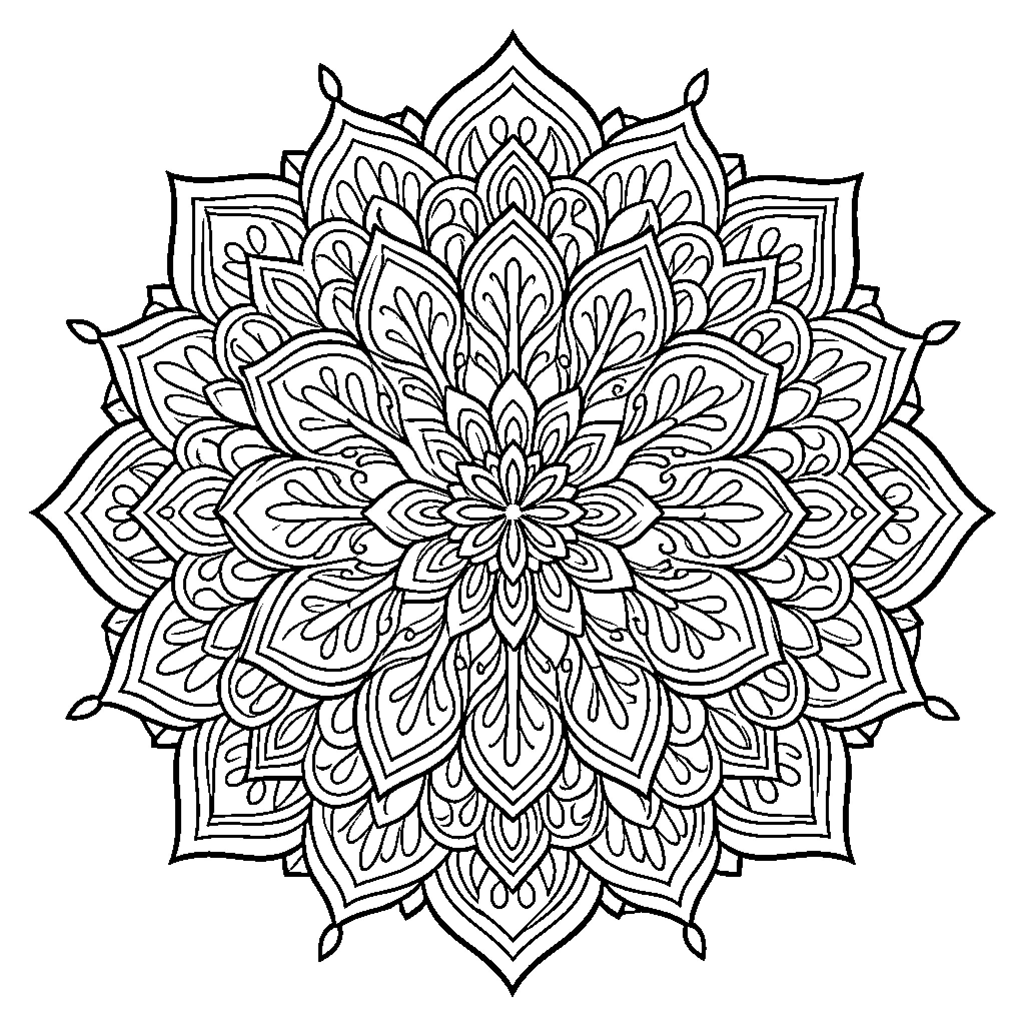 Mandala with intricate floral pattern Coloring Page (free black-and-white line drawing printable PDF for all, from beginners to advanced learners, including children, teens, adults, and seniors)