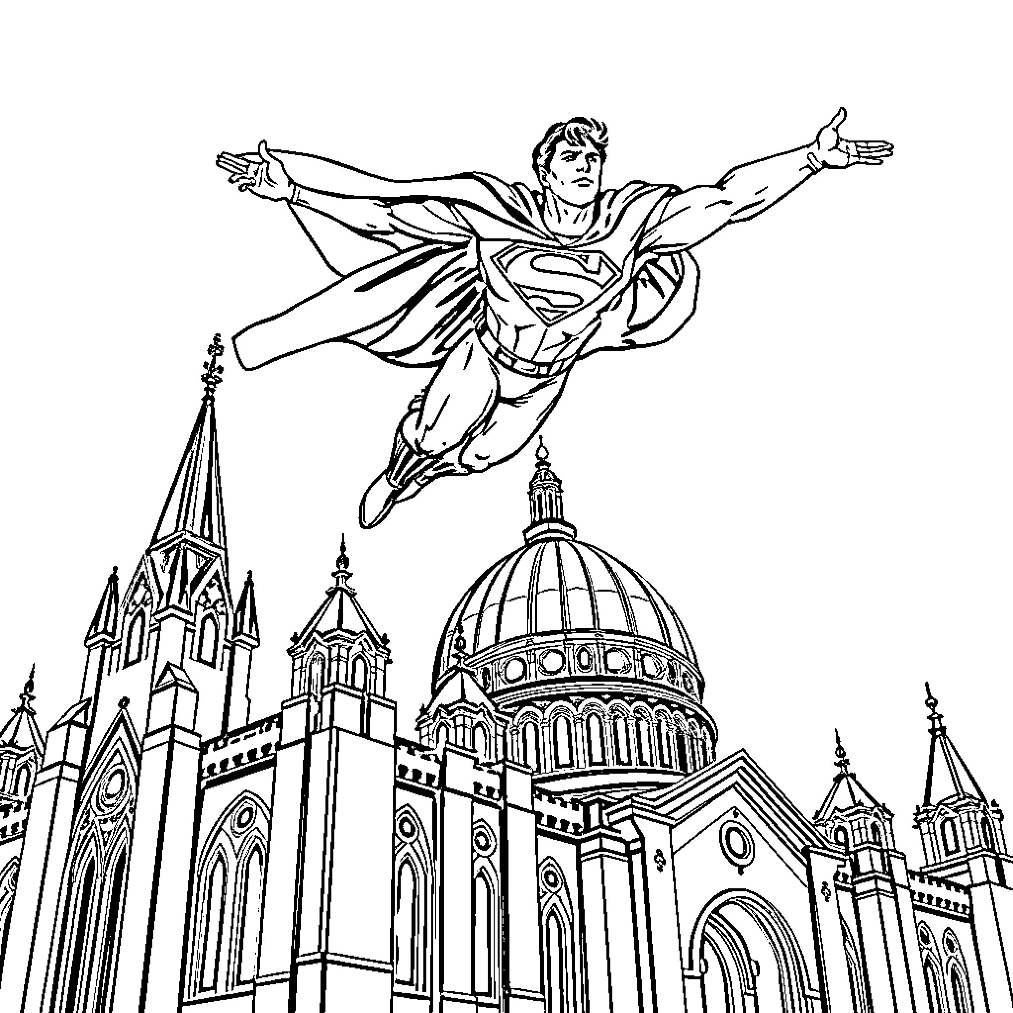 Superman soaring over magnificent cathedral architecture Coloring Page (free black-and-white line drawing printable PDF for all, from beginners to advanced learners, including children, teens, adults, and seniors)