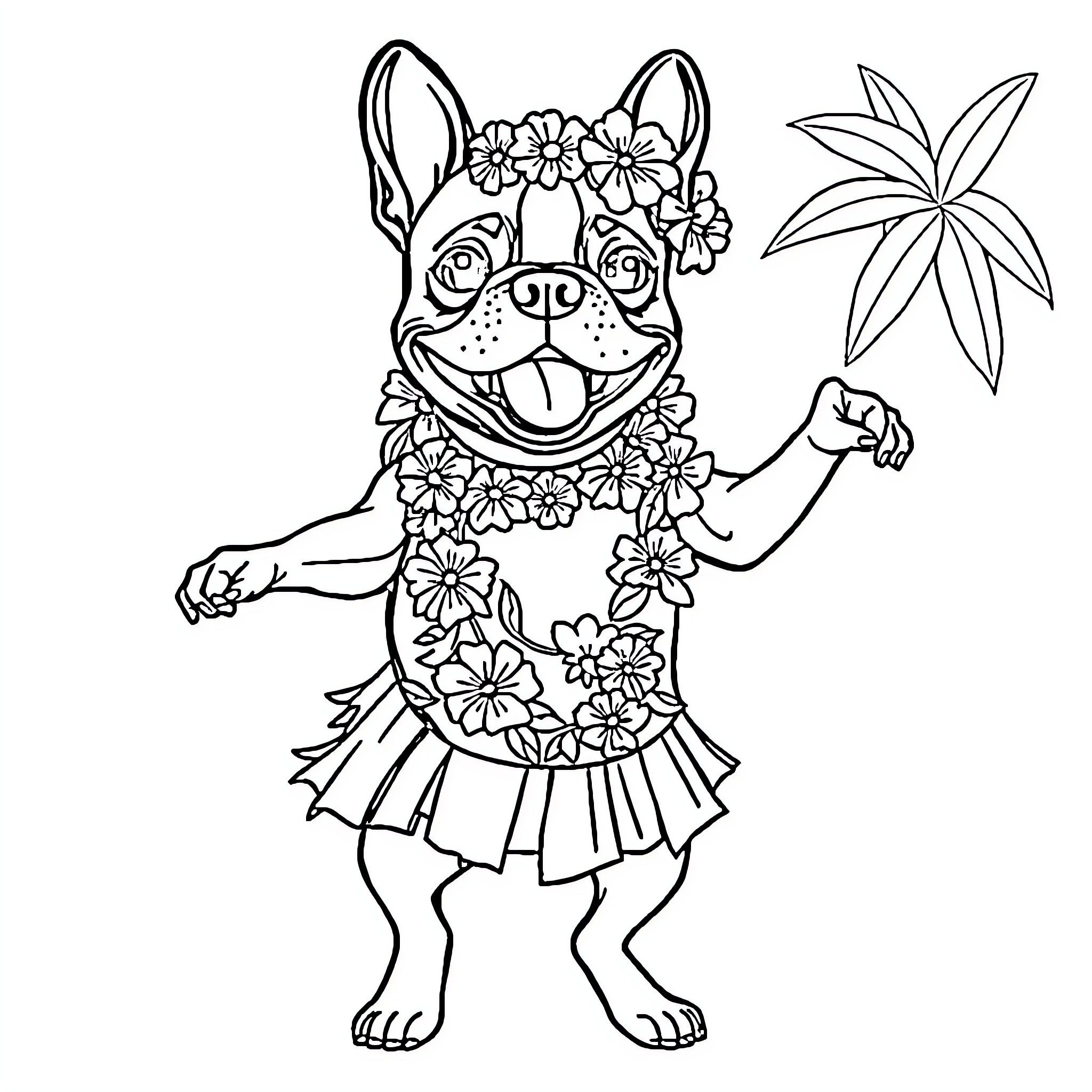 Boston Terrier enjoying floral wreath and palm leaves Coloring Page (free black-and-white line drawing printable PDF for all, from beginners to advanced learners, including children, teens, adults, and seniors)