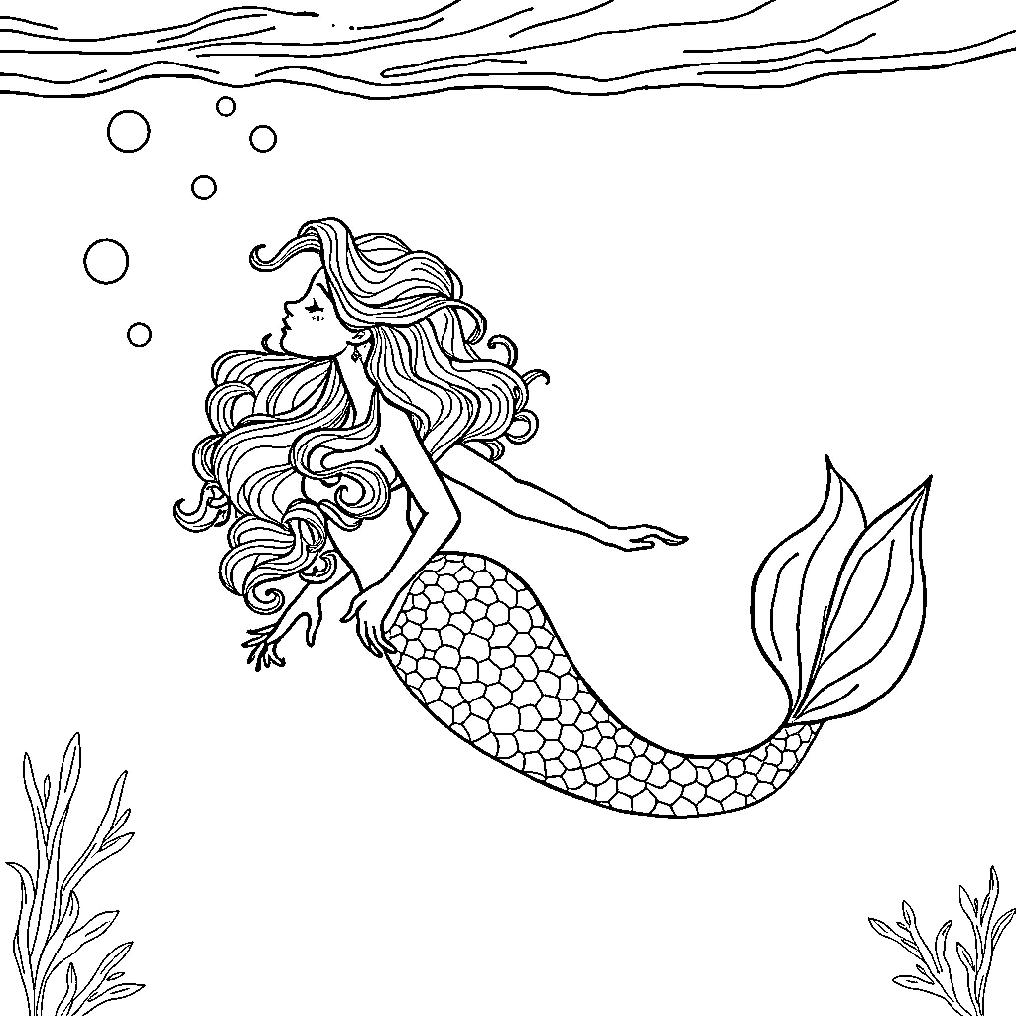 Mermaid swimming gracefully in the ocean Coloring Page (free black-and-white line drawing printable PDF for all, from beginners to advanced learners, including children, teens, adults, and seniors)