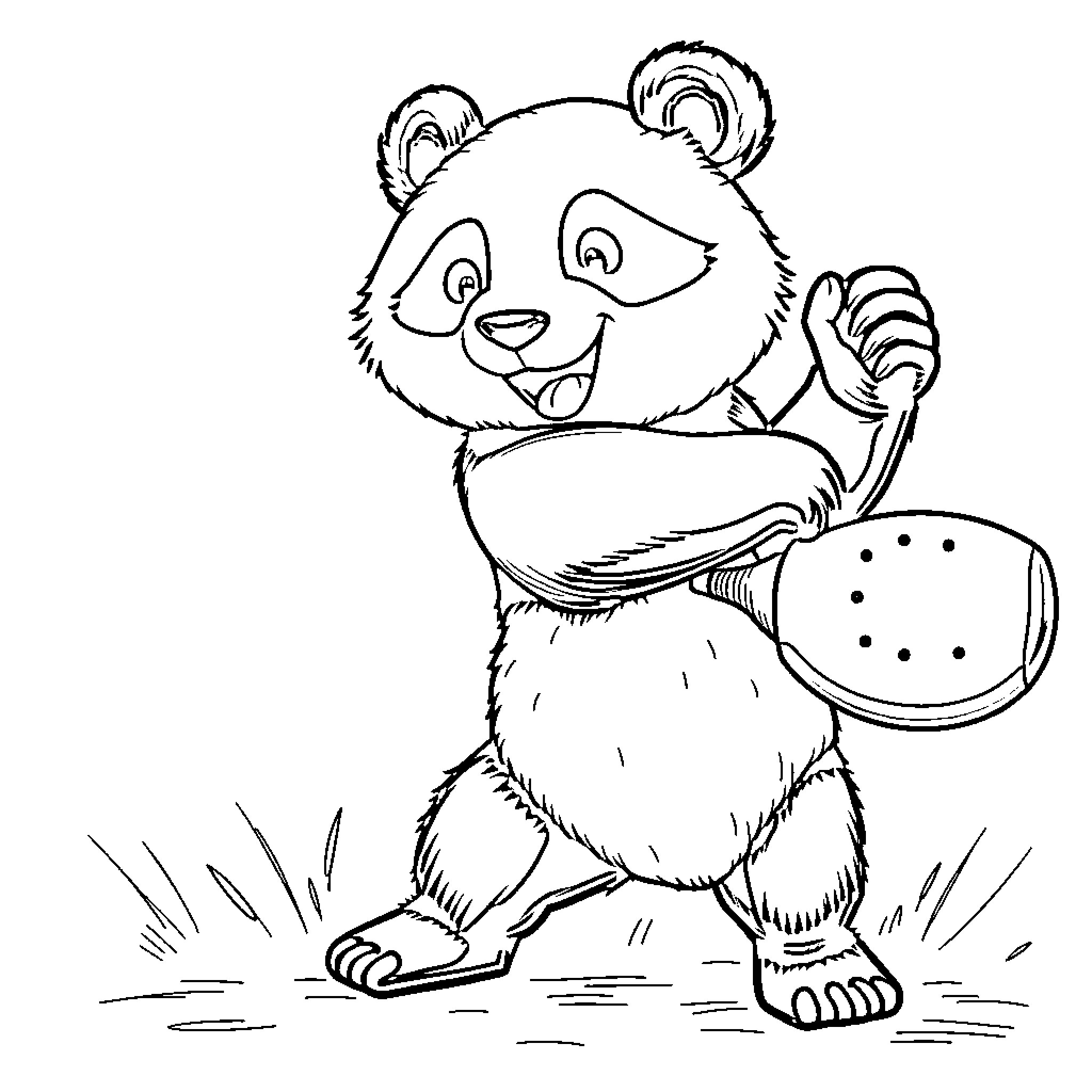 Panda playing happily with spotted bowl Coloring Page (free black-and-white line drawing printable PDF for all, from beginners to advanced learners, including children, teens, adults, and seniors)