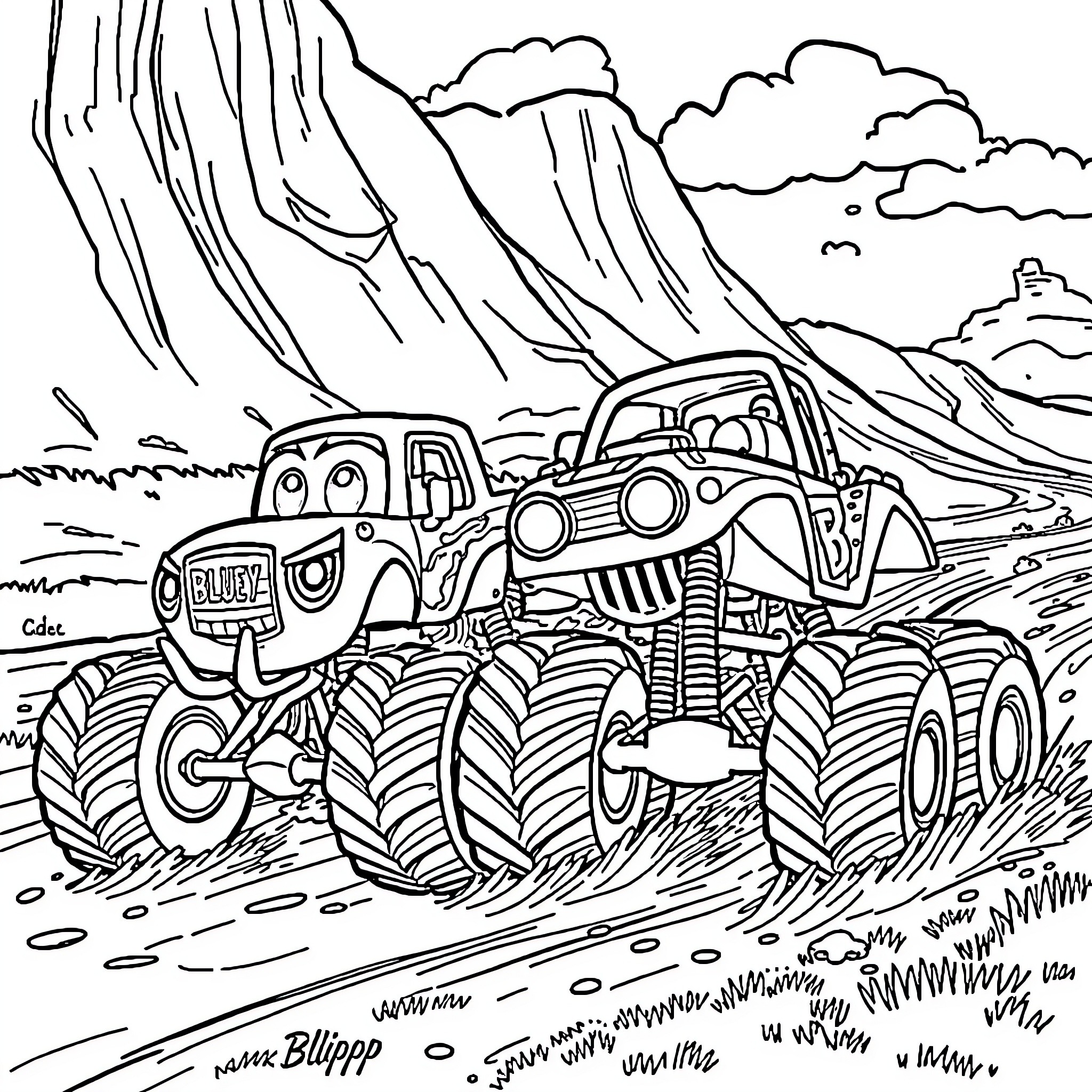 Monster Trucks Navigating Rugged Terrain Coloring Page (free black-and-white line drawing printable PDF for all, from beginners to advanced learners, including children, teens, adults, and seniors)