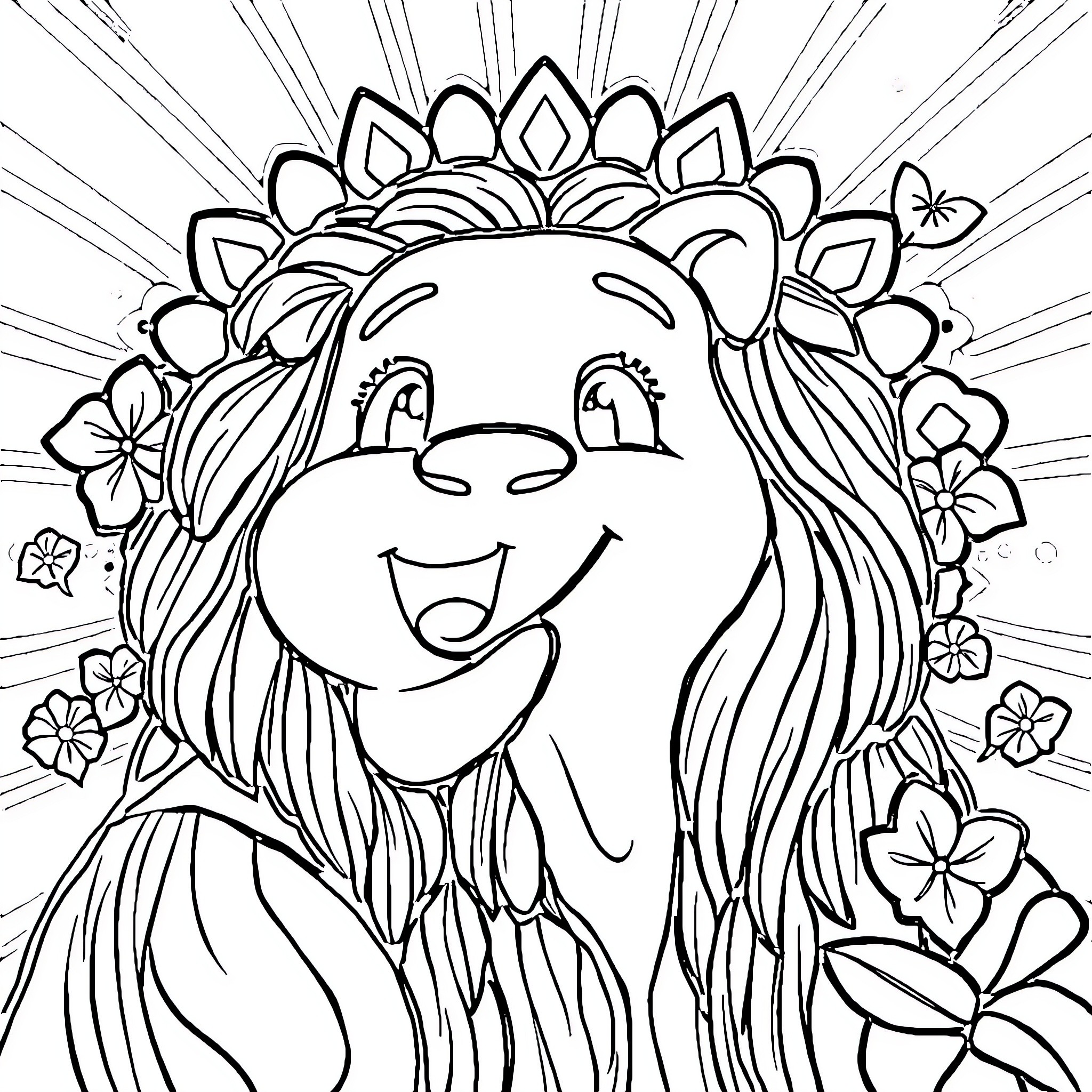 Gabichat: Smiling Lion with Floral Decoration Coloring Page (free black-and-white line drawing printable PDF for all, from beginners to advanced learners, including children, teens, adults, and seniors)