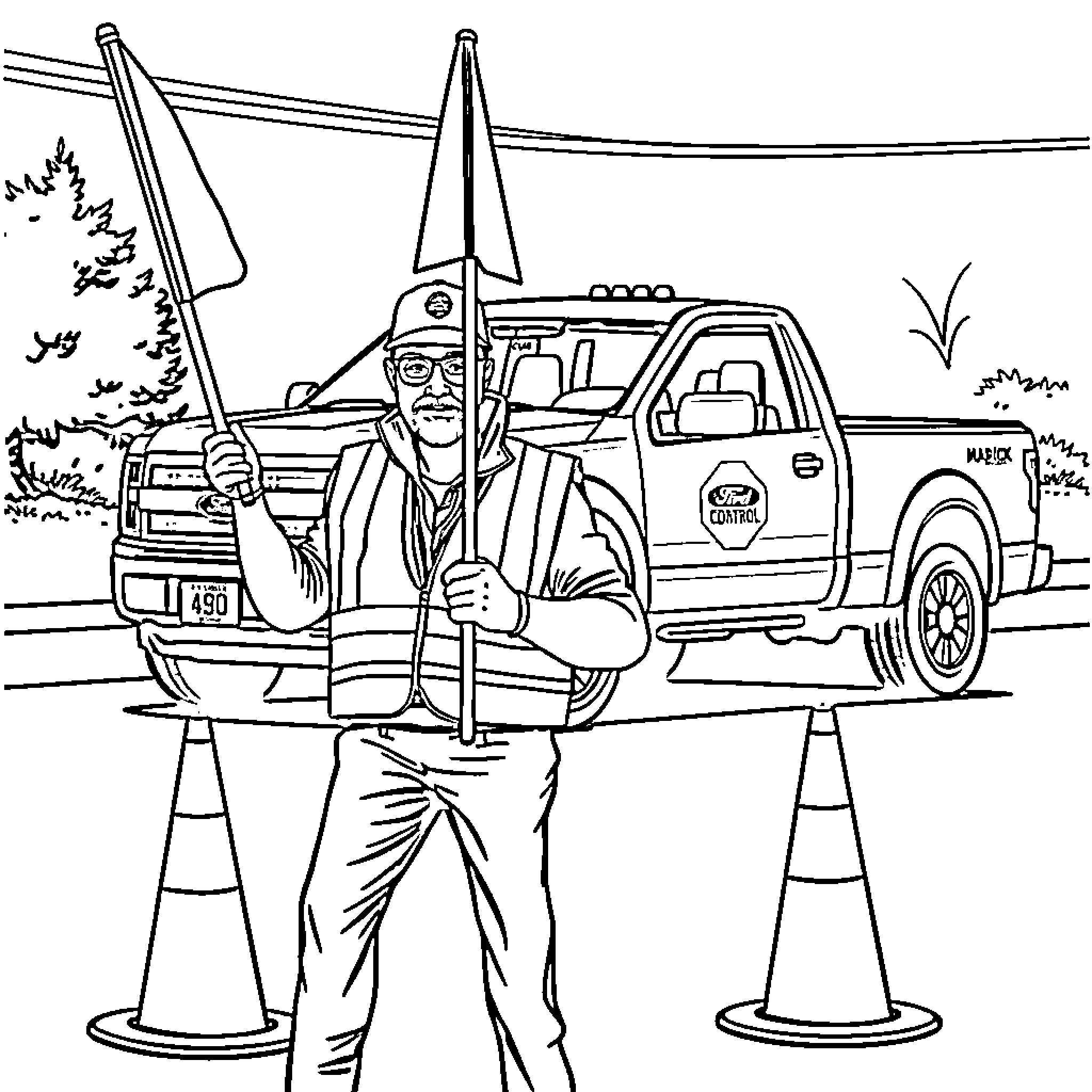 Flagger directing traffic with safety cones Coloring Page (free black-and-white line drawing printable PDF for all, from beginners to advanced learners, including children, teens, adults, and seniors)