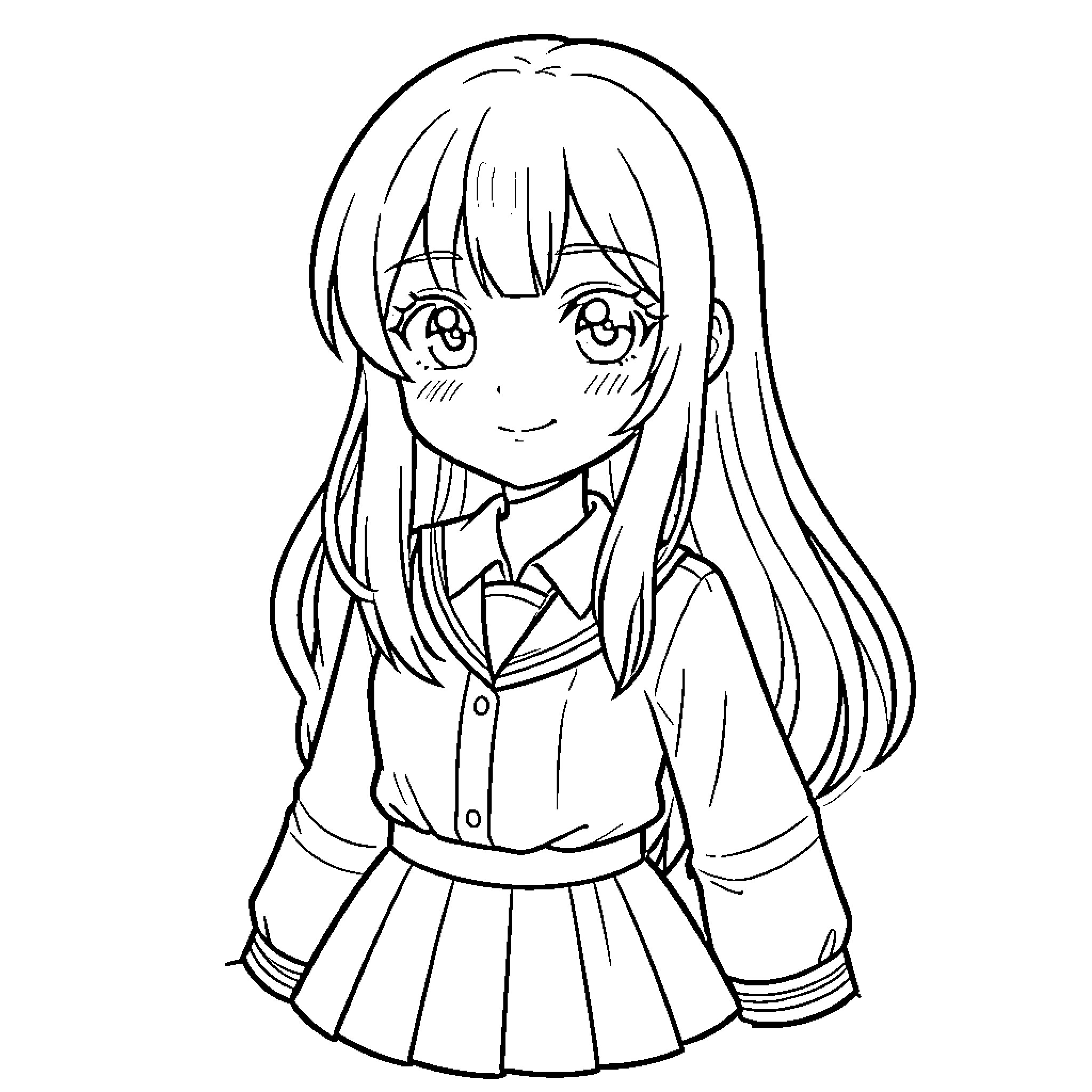 Anime Girl in School Uniform with Neutral Expression Coloring Page (free black-and-white line drawing printable PDF for all, from beginners to advanced learners, including children, teens, adults, and seniors)