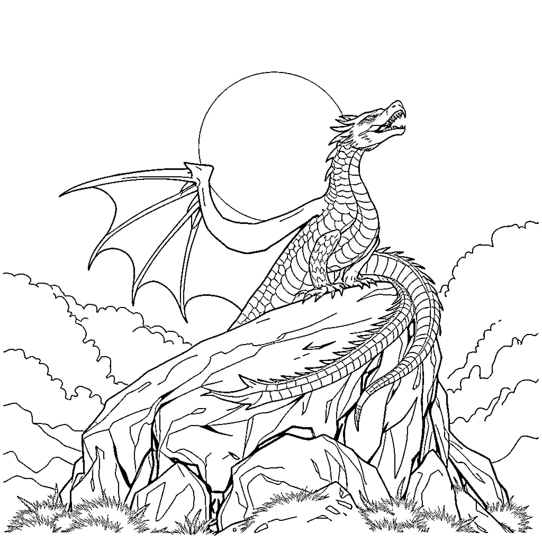 Dragon soaring over rugged mountainous landscape Coloring Page (free black-and-white line drawing printable PDF for all, from beginners to advanced learners, including children, teens, adults, and seniors)