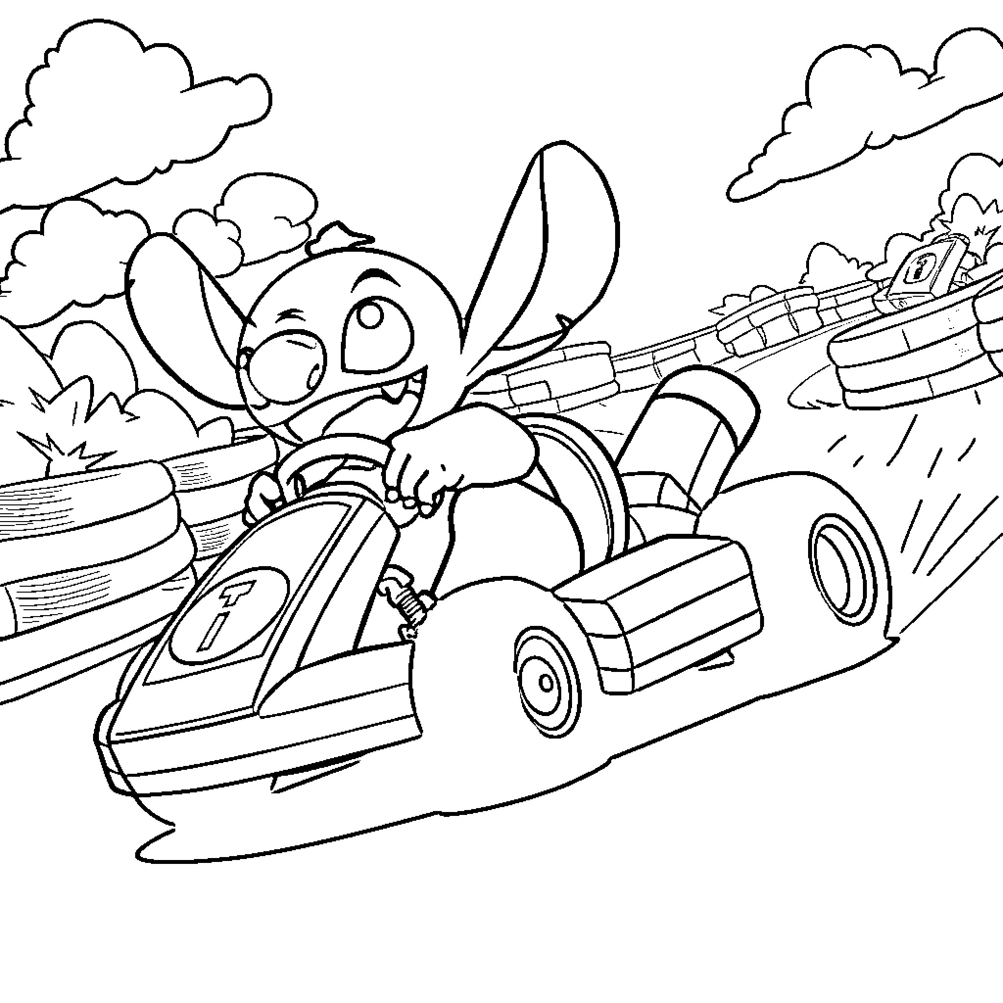 Stitch driving a speedy car on a winding road Coloring Page (free black-and-white line drawing printable PDF for all, from beginners to advanced learners, including children, teens, adults, and seniors)