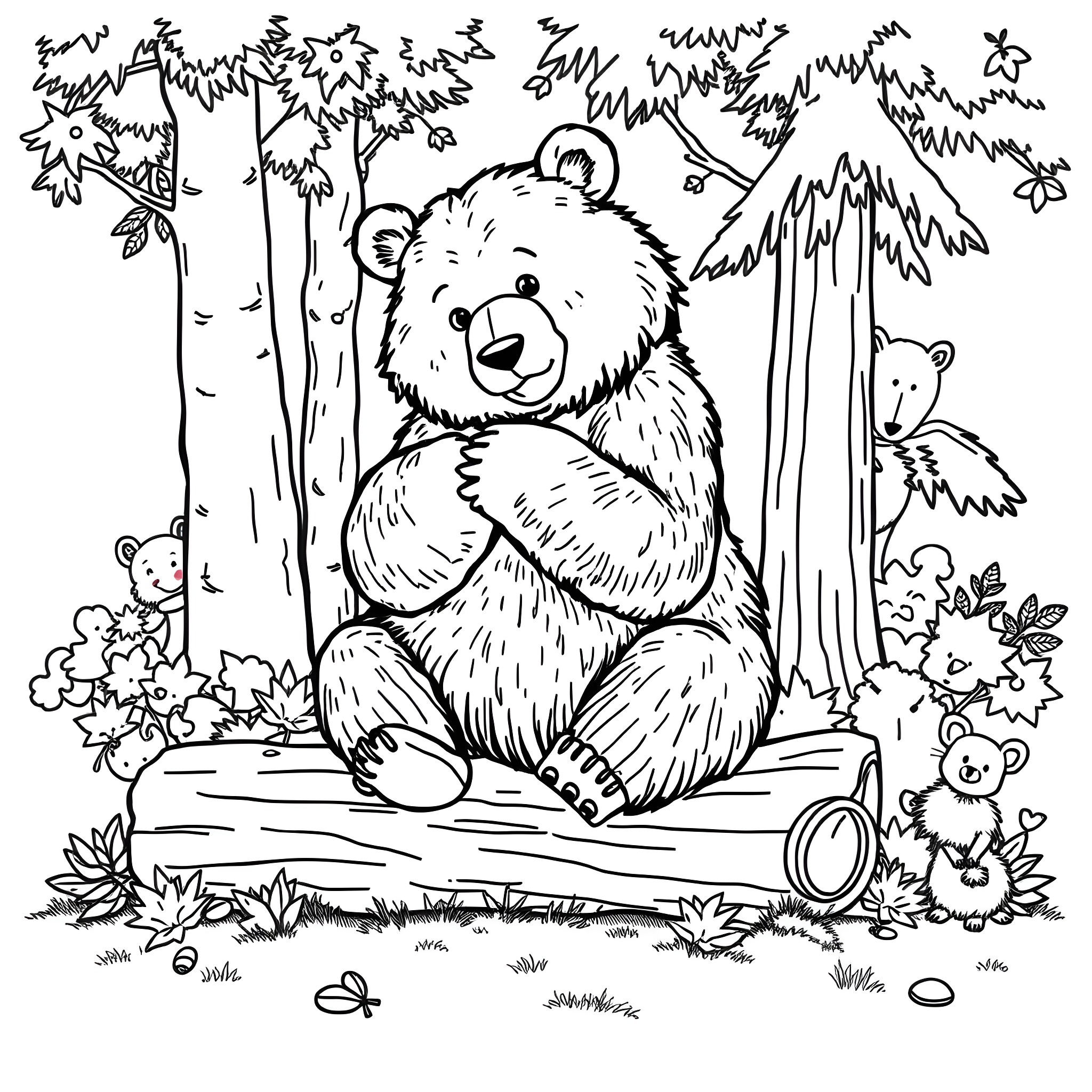 Bear Relaxing in the Enchanted Forest Coloring Page (free black-and-white line drawing printable PDF for all, from beginners to advanced learners, including children, teens, adults, and seniors)