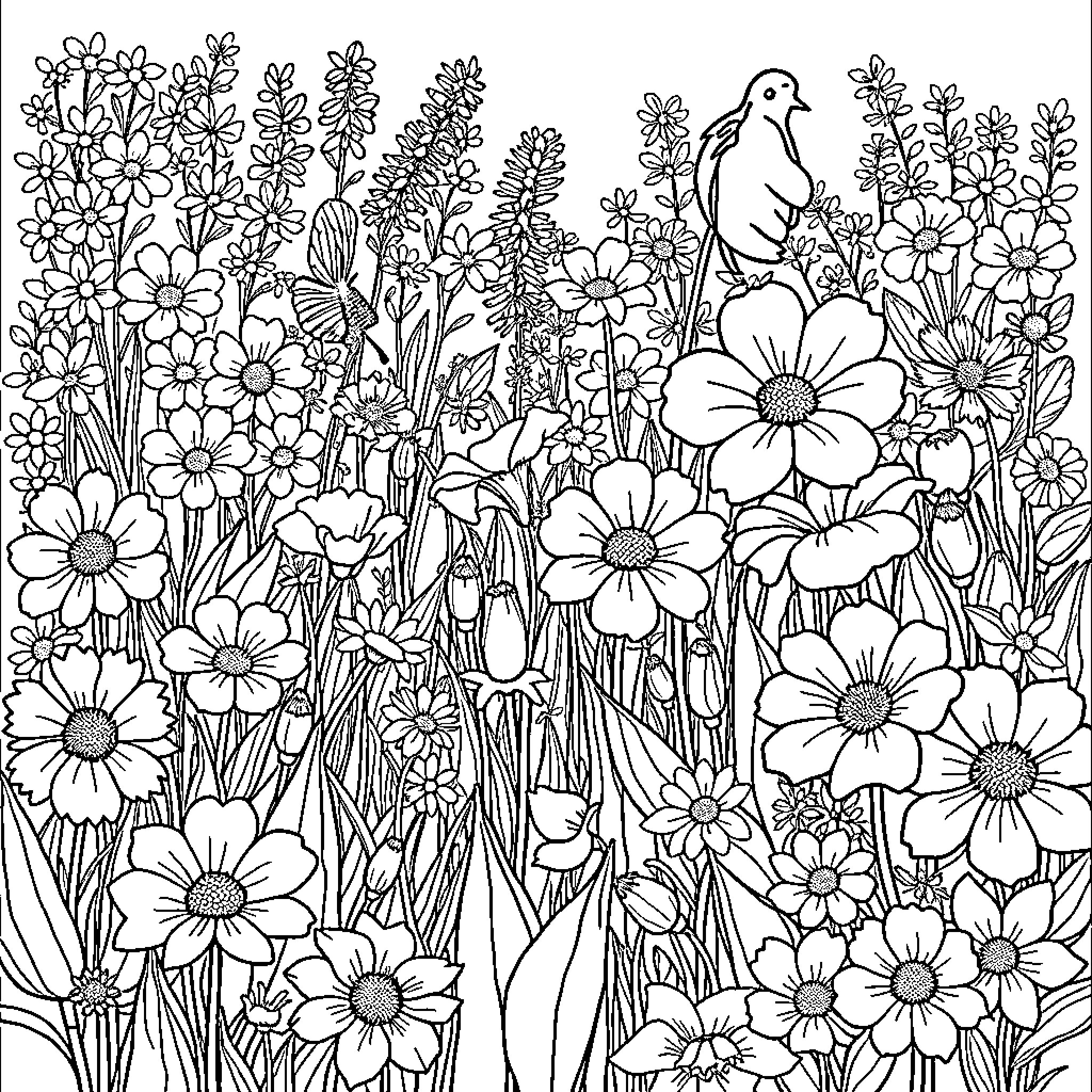 Flower Garden with Whimsical Bird Coloring Page (free black-and-white line drawing printable PDF for all, from beginners to advanced learners, including children, teens, adults, and seniors)
