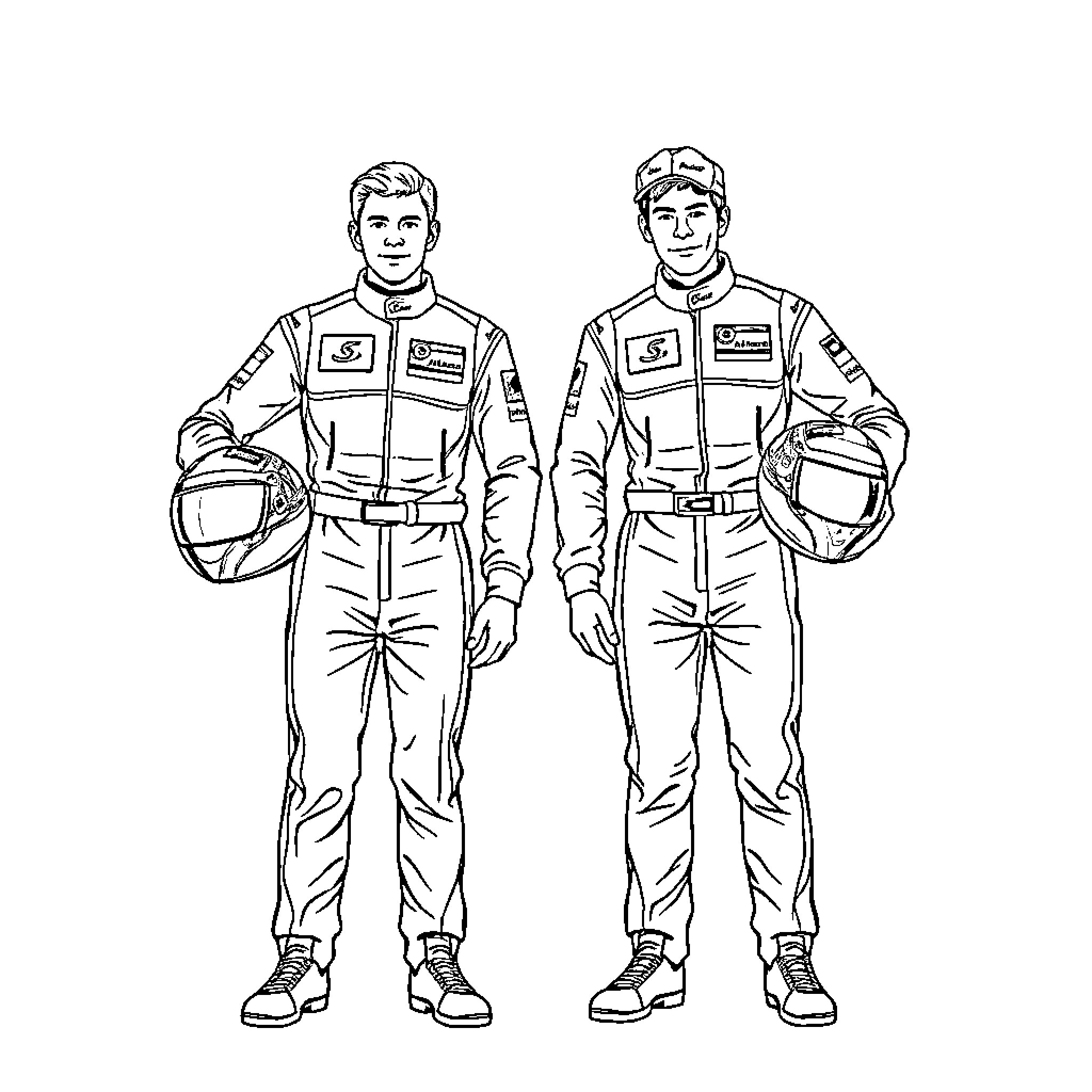 Racer pilots in racing uniforms Coloring Page (free black-and-white line drawing printable PDF for all, from beginners to advanced learners, including children, teens, adults, and seniors)