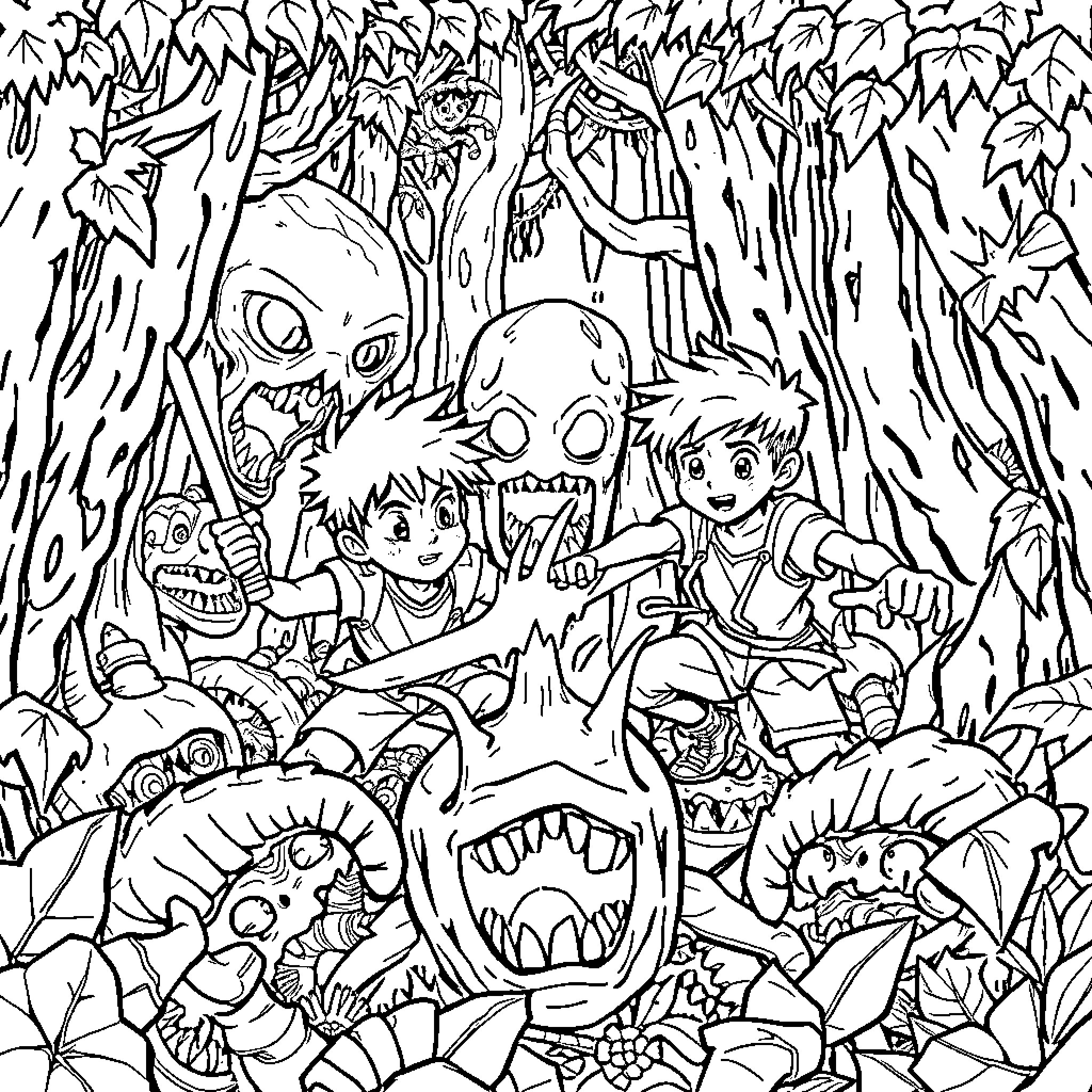 Saja Boy Explores Mysterious Jungle with Bizarre Creatures Coloring Page (free black-and-white line drawing printable PDF for all, from beginners to advanced learners, including children, teens, adults, and seniors)