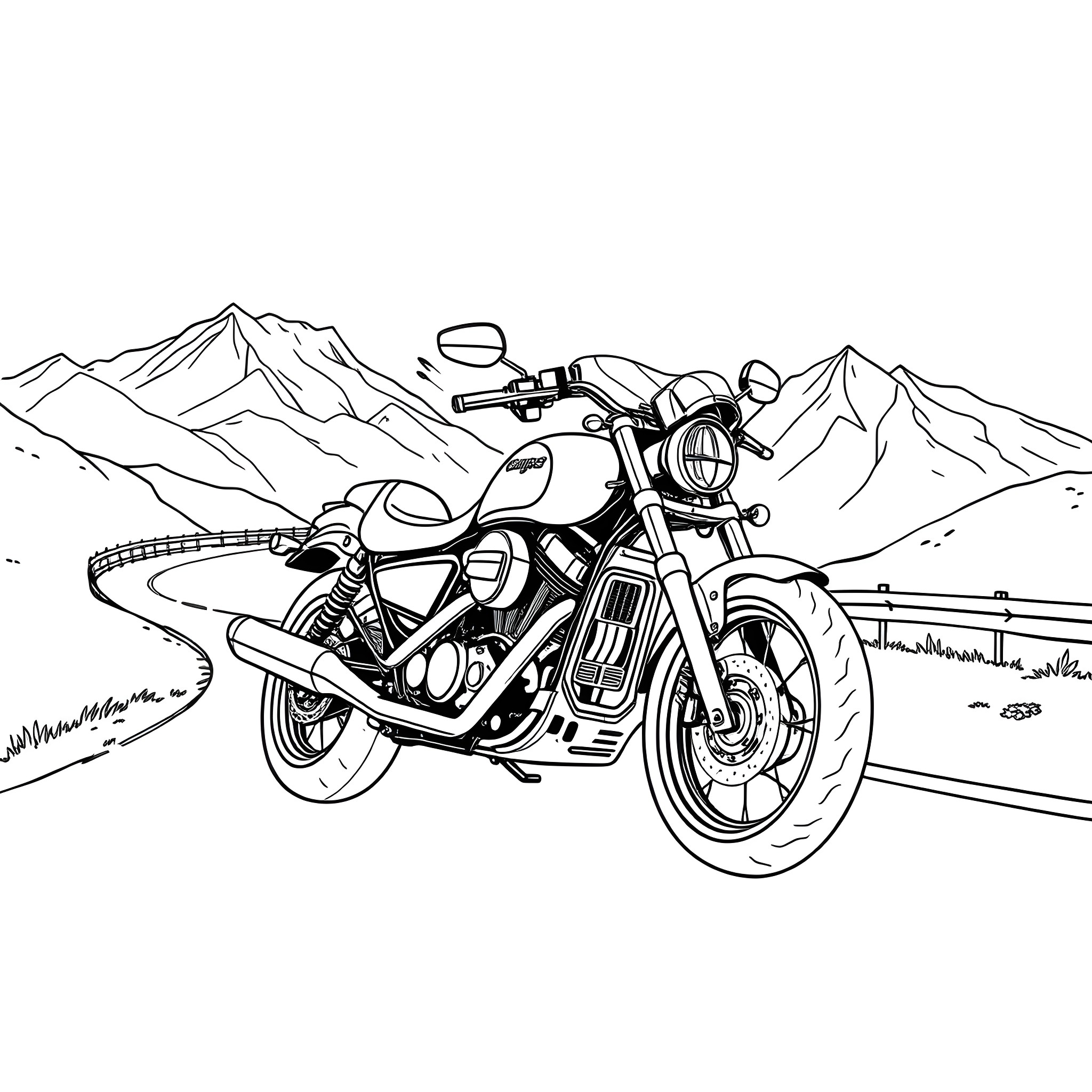 Motorcycle riding through scenic mountain landscape Coloring Page (free black-and-white line drawing printable PDF for all, from beginners to advanced learners, including children, teens, adults, and seniors)