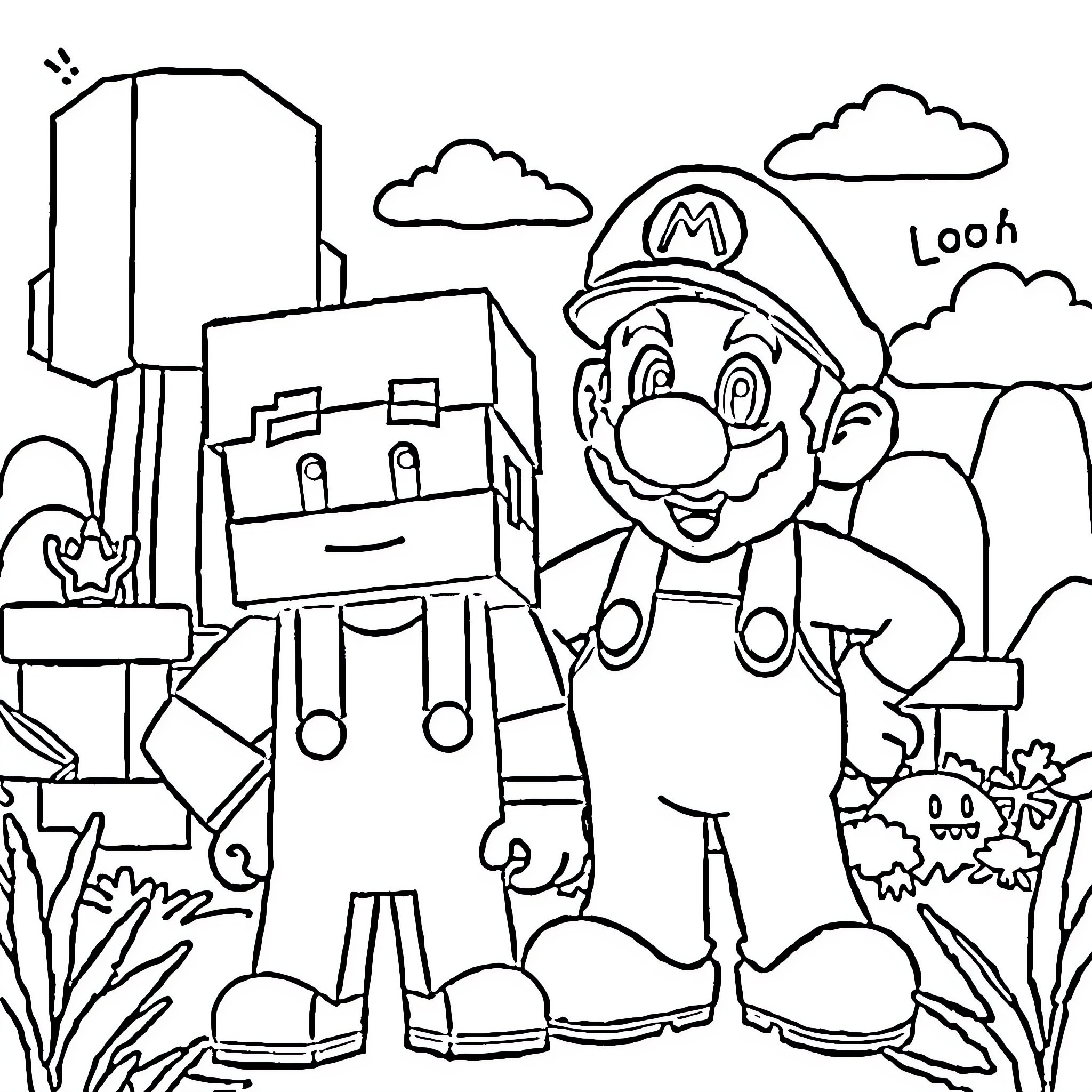 Alex's Minecraft-Inspired Adventure in the City Coloring Page (free black-and-white line drawing printable PDF for all, from beginners to advanced learners, including children, teens, adults, and seniors)
