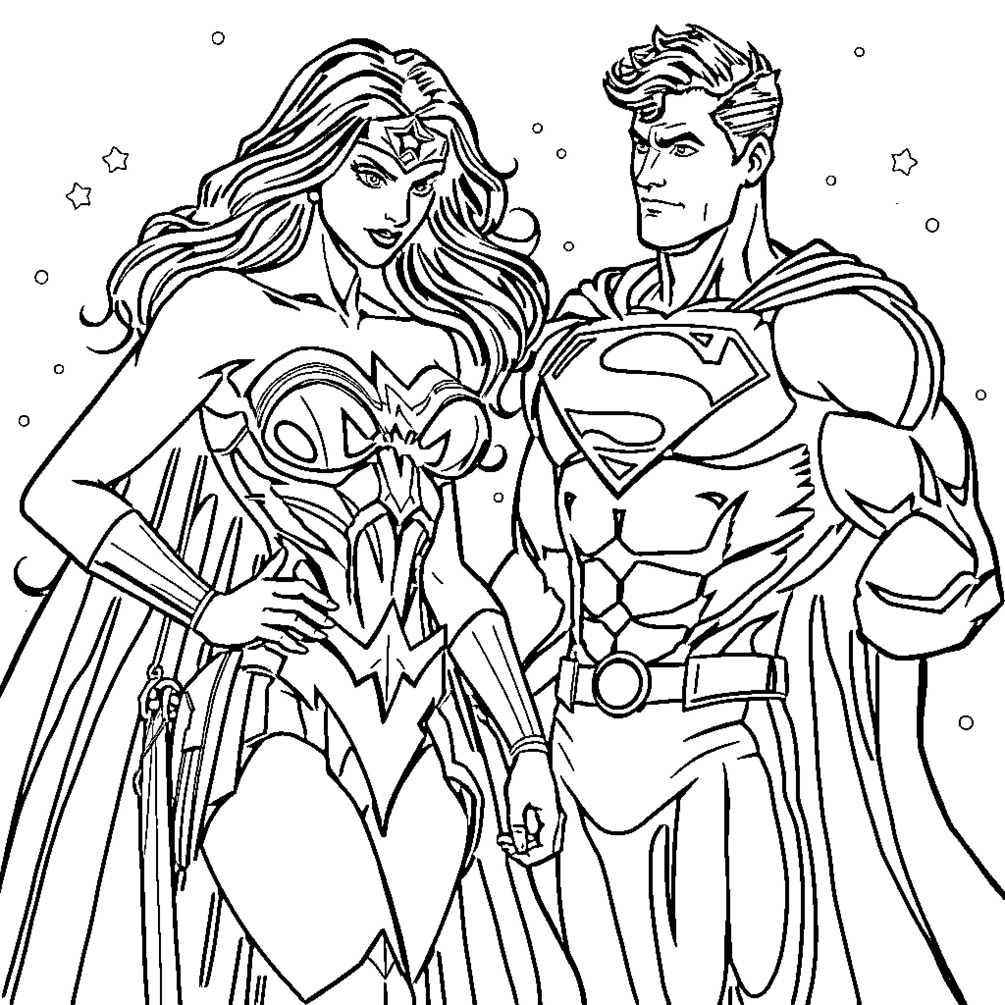 Wonder Woman and Superman heroic pose Coloring Page (free black-and-white line drawing printable PDF for all, from beginners to advanced learners, including children, teens, adults, and seniors)