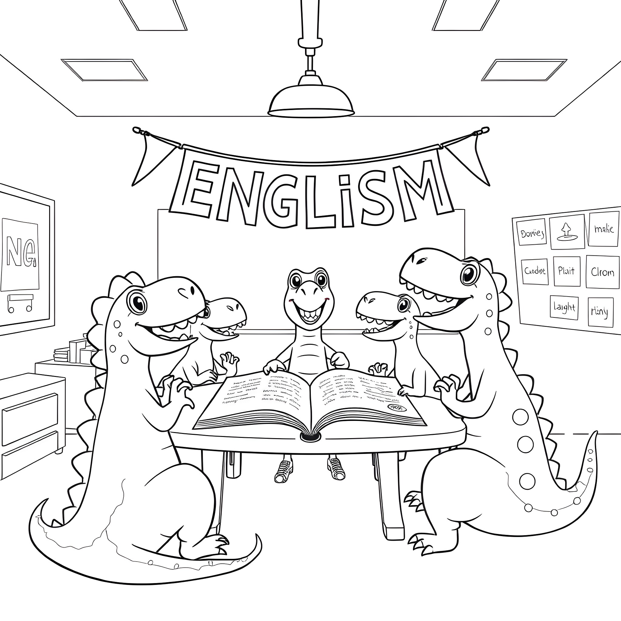 Dinosaurs studying English in the classroom Coloring Page (free black-and-white line drawing printable PDF for all, from beginners to advanced learners, including children, teens, adults, and seniors)