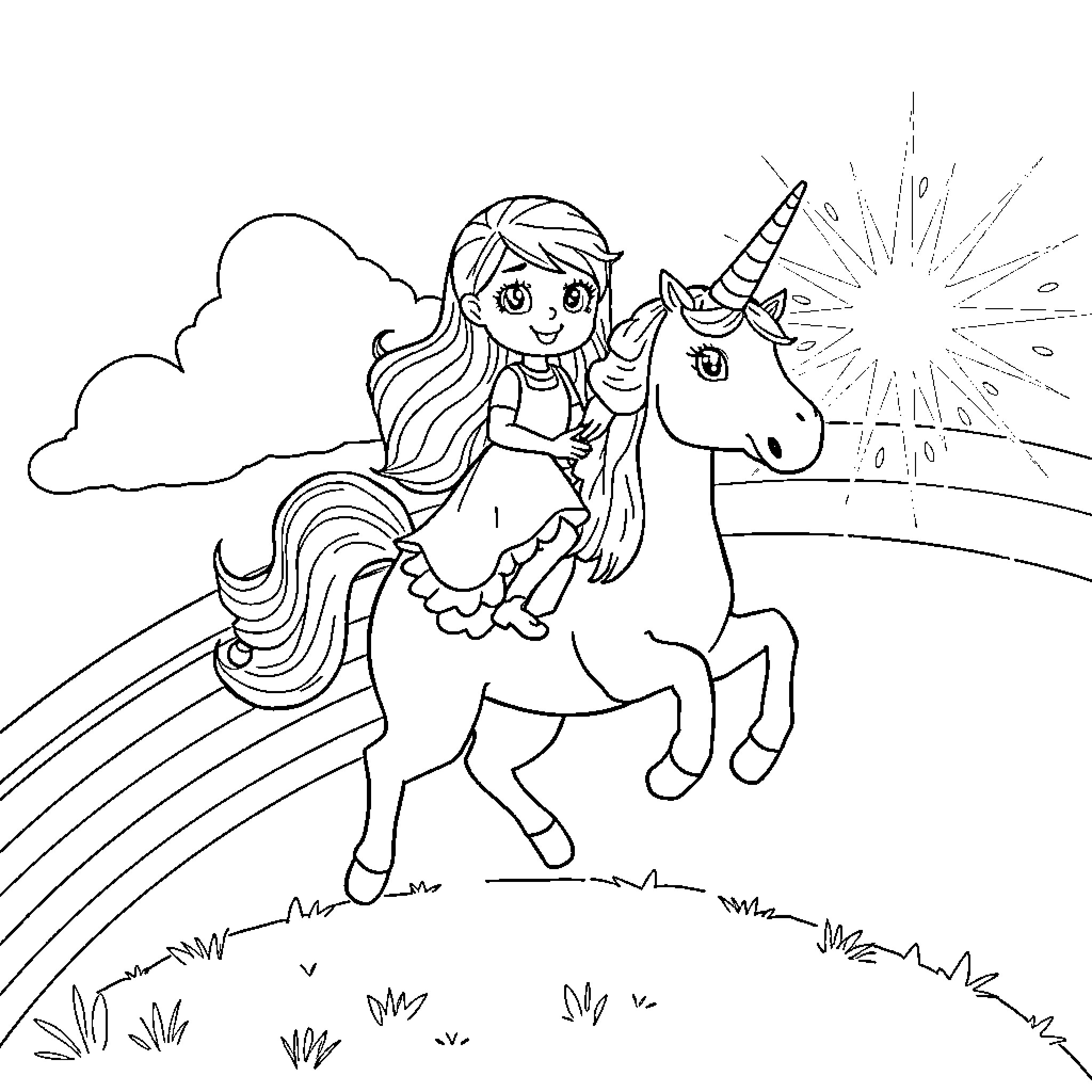 Gabby's Magical Unicorn Ride Coloring Page (free black-and-white line drawing printable PDF for all, from beginners to advanced learners, including children, teens, adults, and seniors)