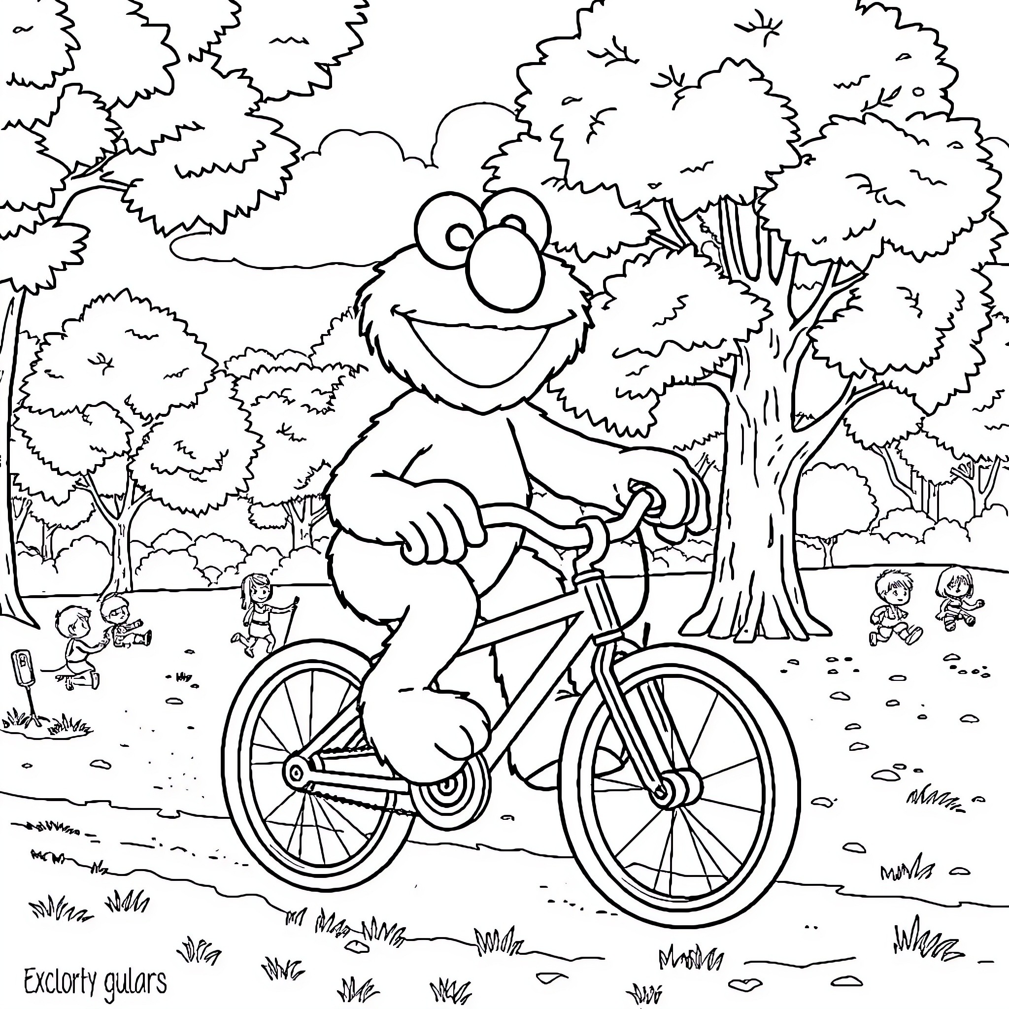 Elmo Happily Rides Bicycle in the Park Coloring Page (free black-and-white line drawing printable PDF for all, from beginners to advanced learners, including children, teens, adults, and seniors)