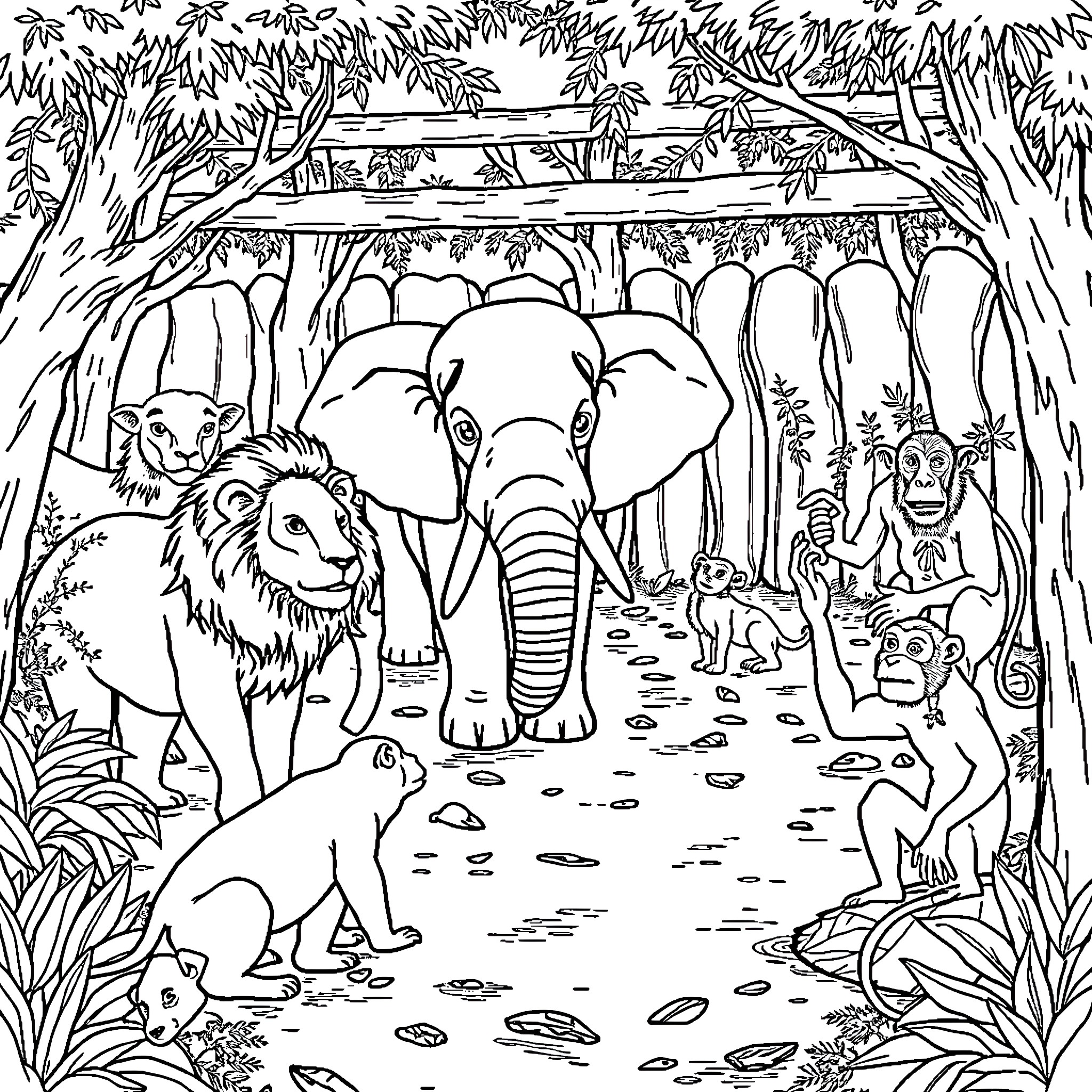 Zoo Animals in a Lush Jungle Habitat Coloring Page (free black-and-white line drawing printable PDF for all, from beginners to advanced learners, including children, teens, adults, and seniors)