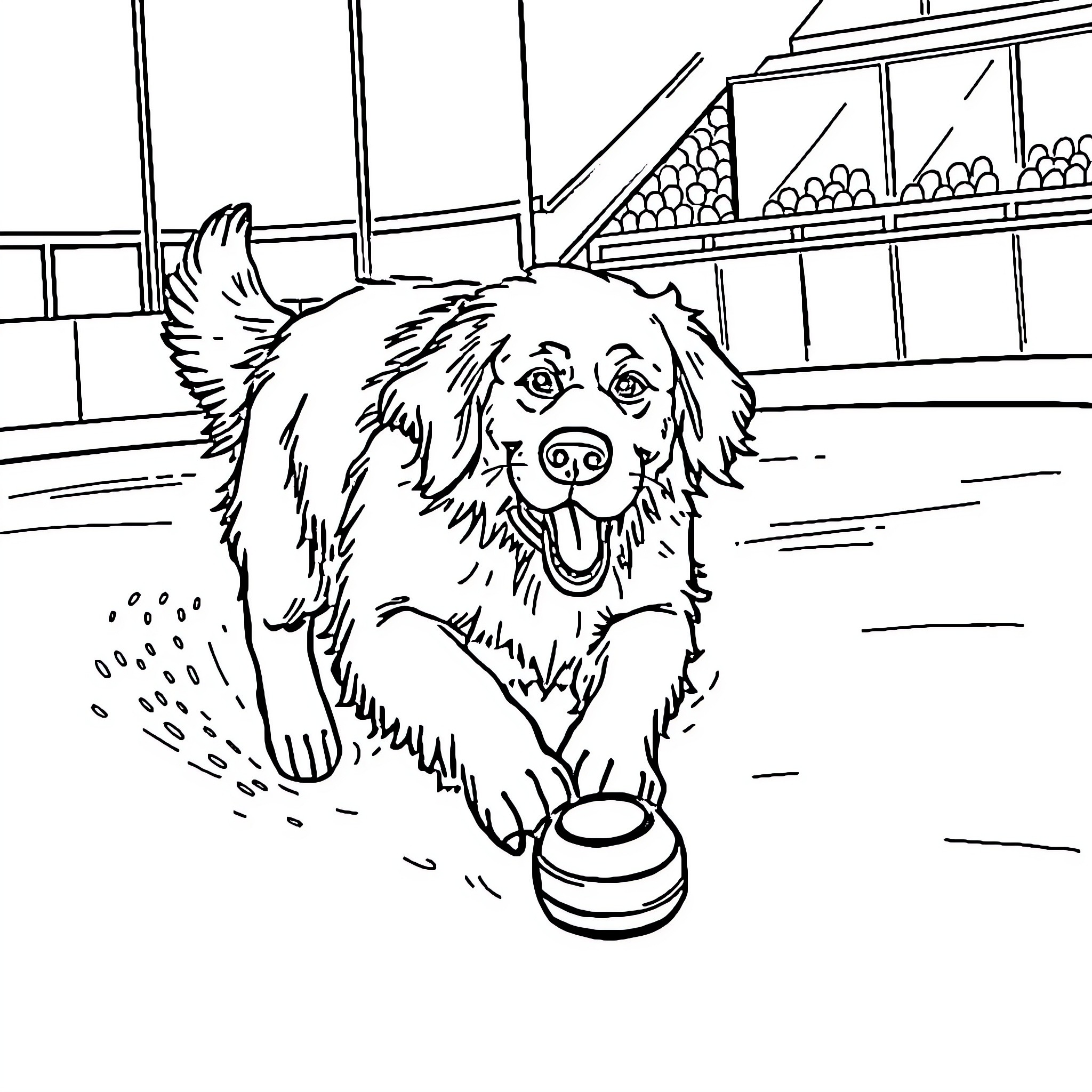 Golden Retriever playing with a ball in the park Coloring Page (free black-and-white line drawing printable PDF for all, from beginners to advanced learners, including children, teens, adults, and seniors)
