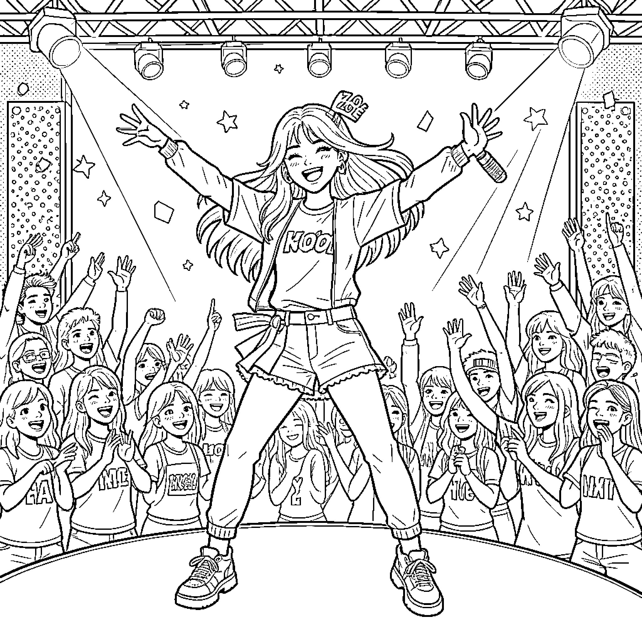 Zoë performing enthusiastically on stage for an excited crowd Coloring Page (free black-and-white line drawing printable PDF for all, from beginners to advanced learners, including children, teens, adults, and seniors)