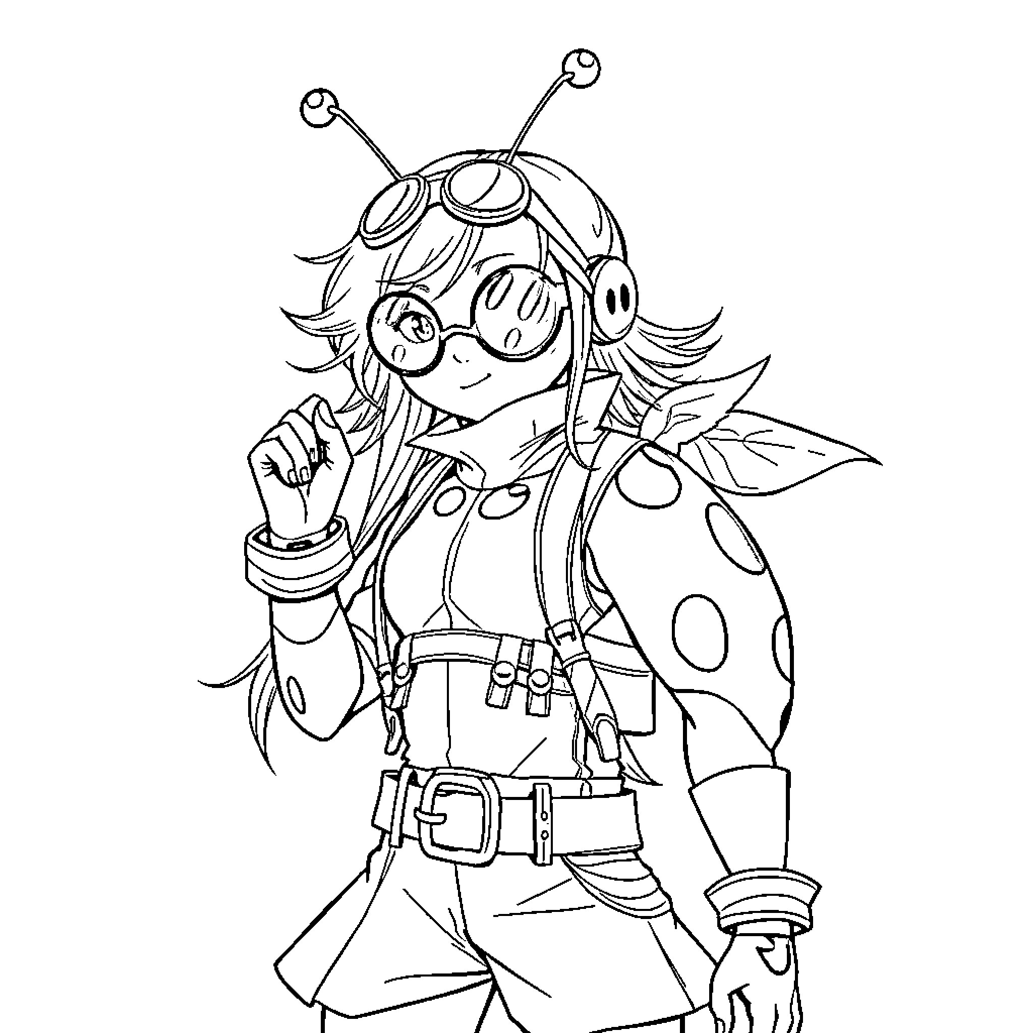 Ladybug girl exploring with curiosity Coloring Page (free black-and-white line drawing printable PDF for all, from beginners to advanced learners, including children, teens, adults, and seniors)