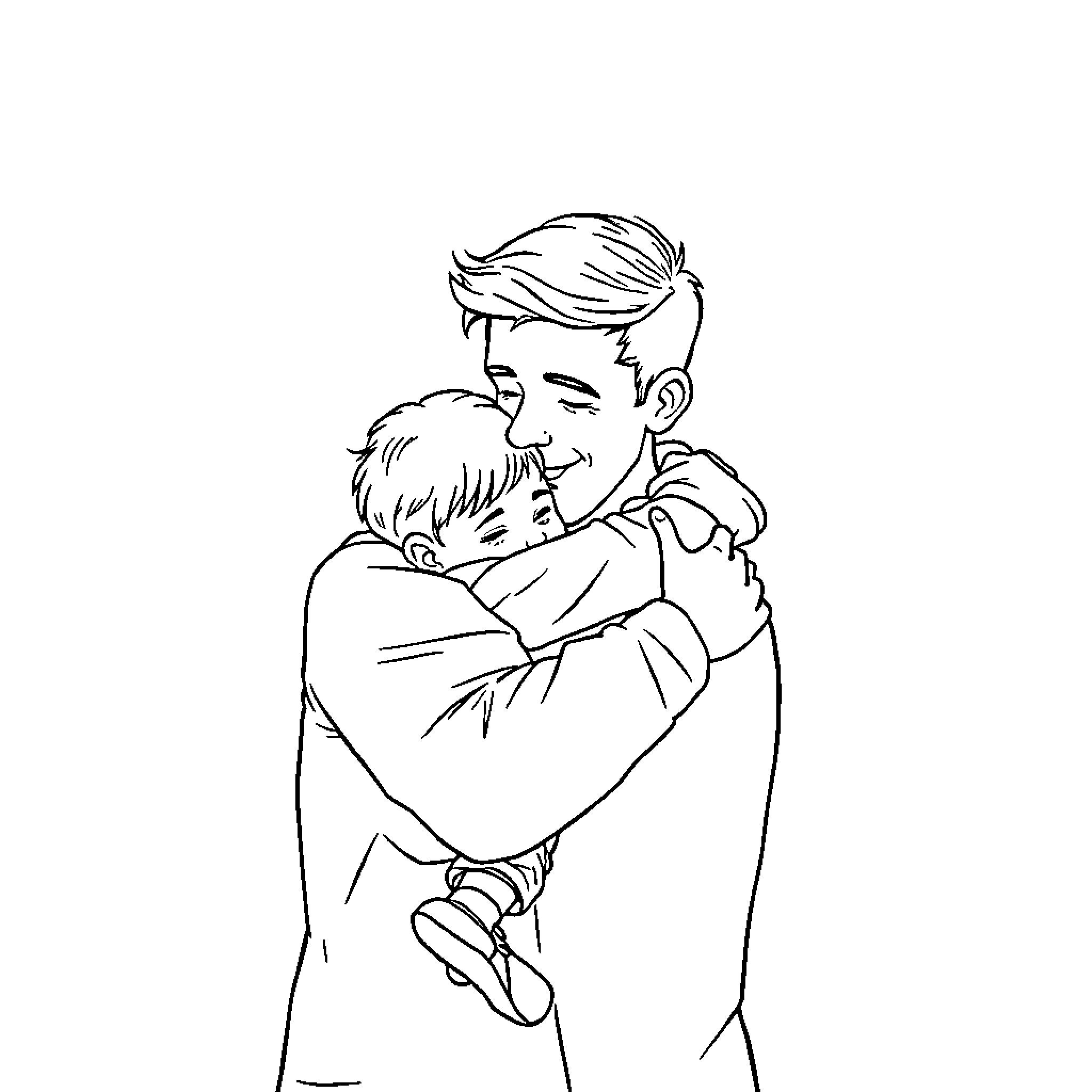 Dad hugging and comforting his child Coloring Page (free black-and-white line drawing printable PDF for all, from beginners to advanced learners, including children, teens, adults, and seniors)