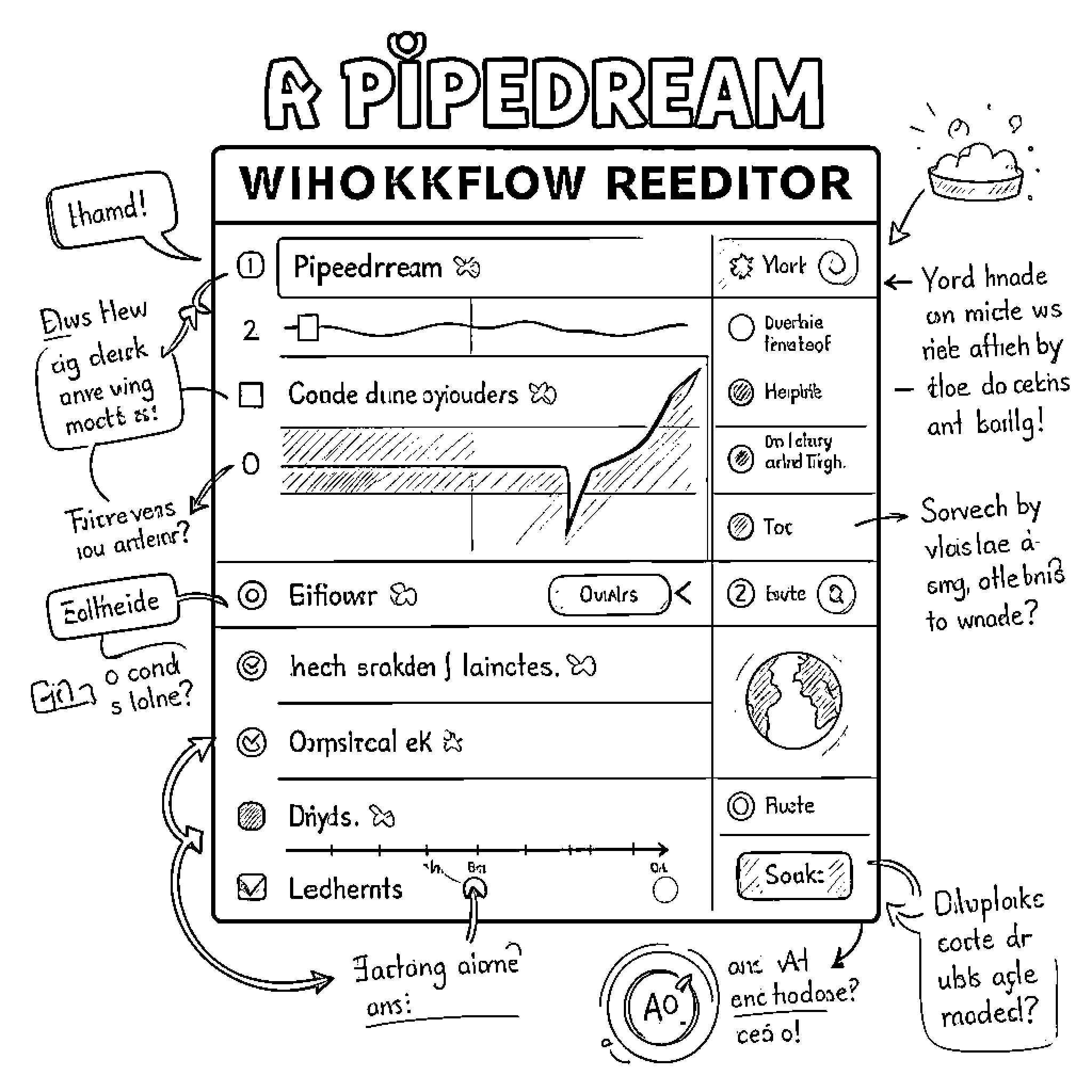 Workflow Editor showcasing a hand-drawn conceptual interface Coloring Page (free black-and-white line drawing printable PDF for all, from beginners to advanced learners, including children, teens, adults, and seniors)