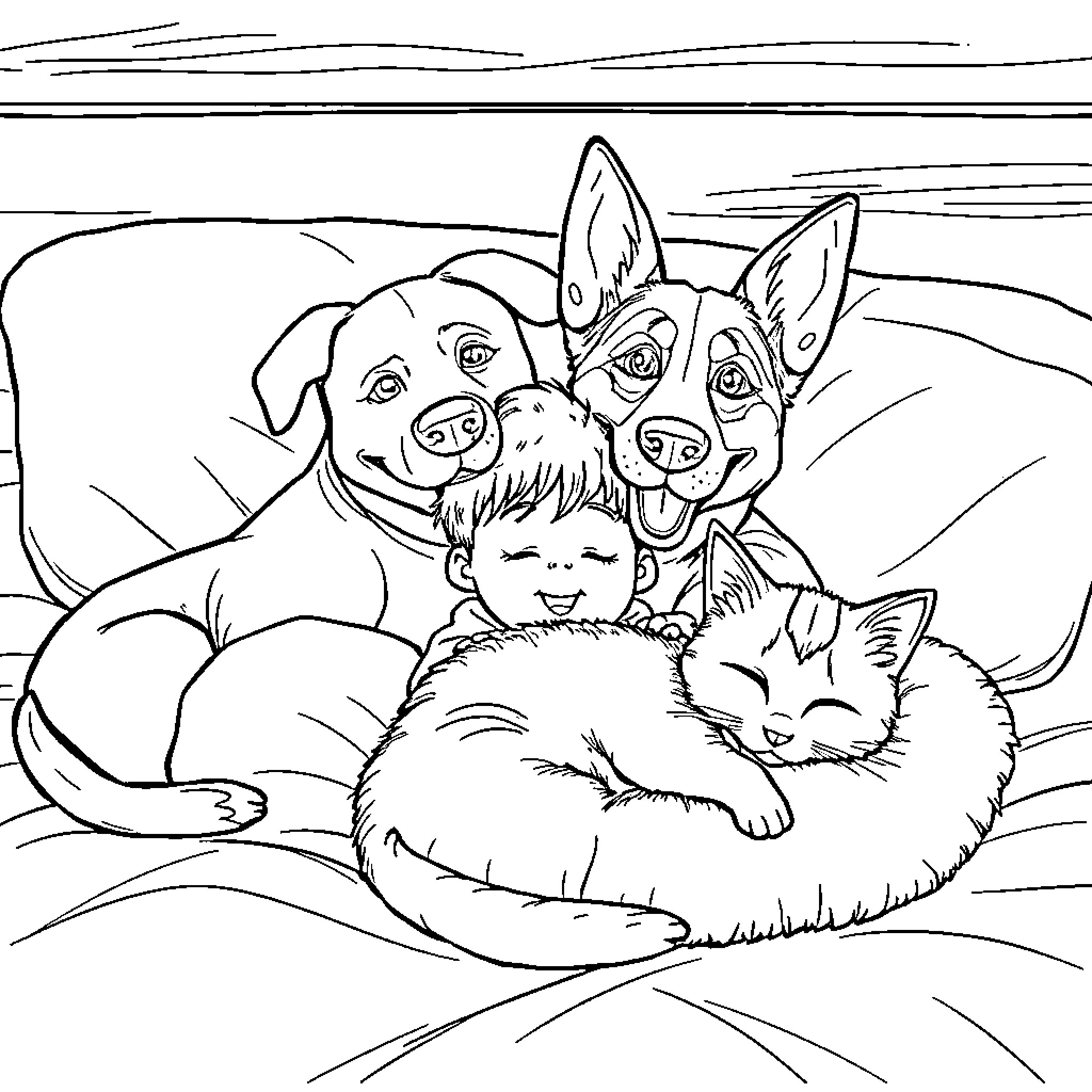 Dog and pets cuddling with a child in a cozy scene Coloring Page (free black-and-white line drawing printable PDF for all, from beginners to advanced learners, including children, teens, adults, and seniors)