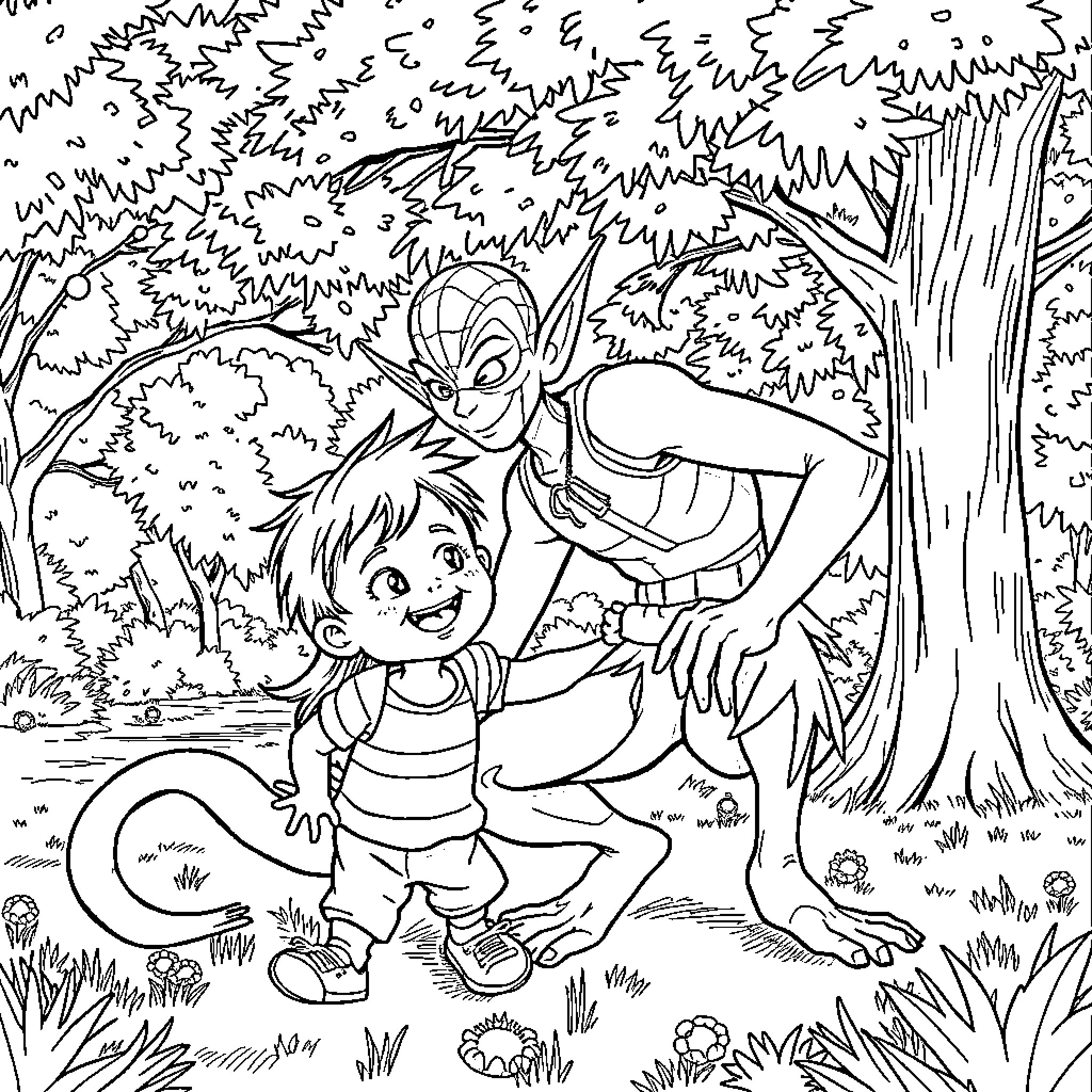 Goblin Playfully Interacting with Child in Enchanted Forest Coloring Page (free black-and-white line drawing printable PDF for all, from beginners to advanced learners, including children, teens, adults, and seniors)