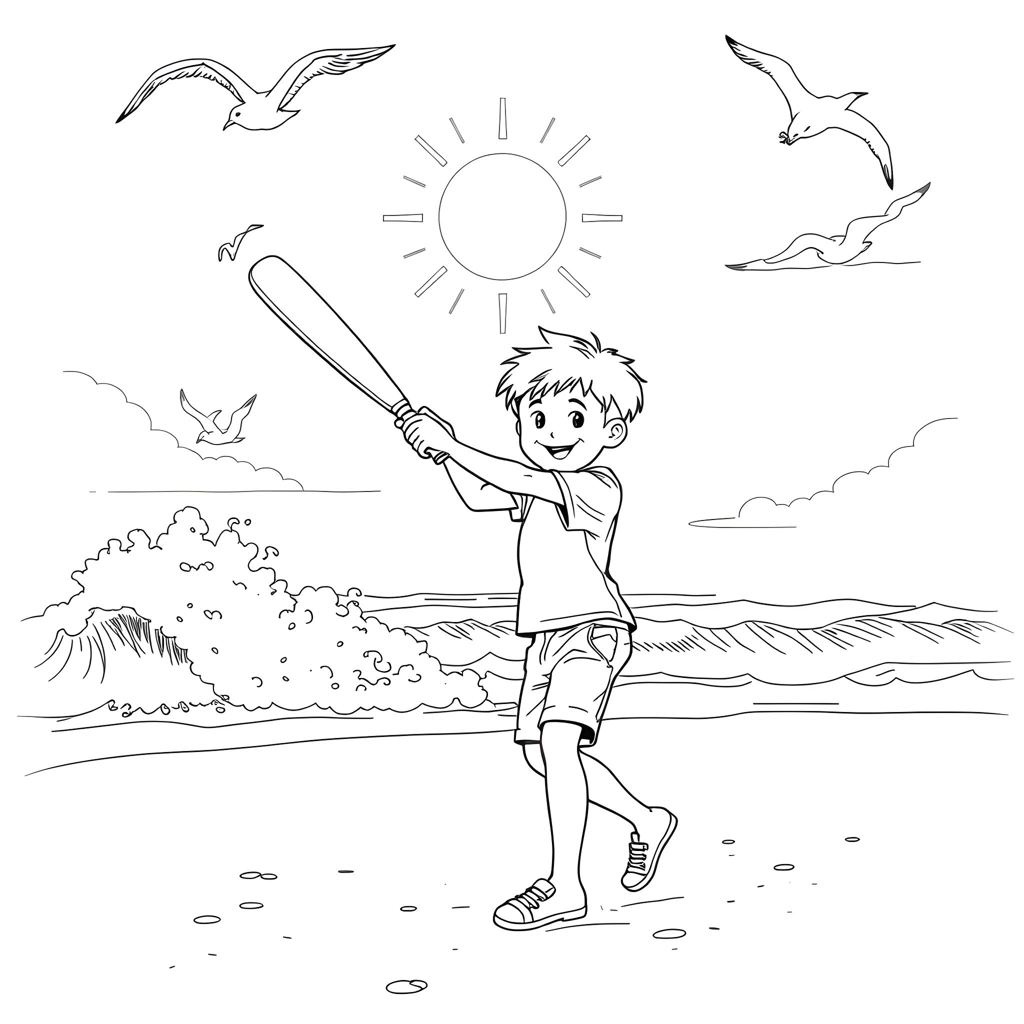 Boy playing with a bat on the beach Coloring Page (free black-and-white line drawing printable PDF for all, from beginners to advanced learners, including children, teens, adults, and seniors)