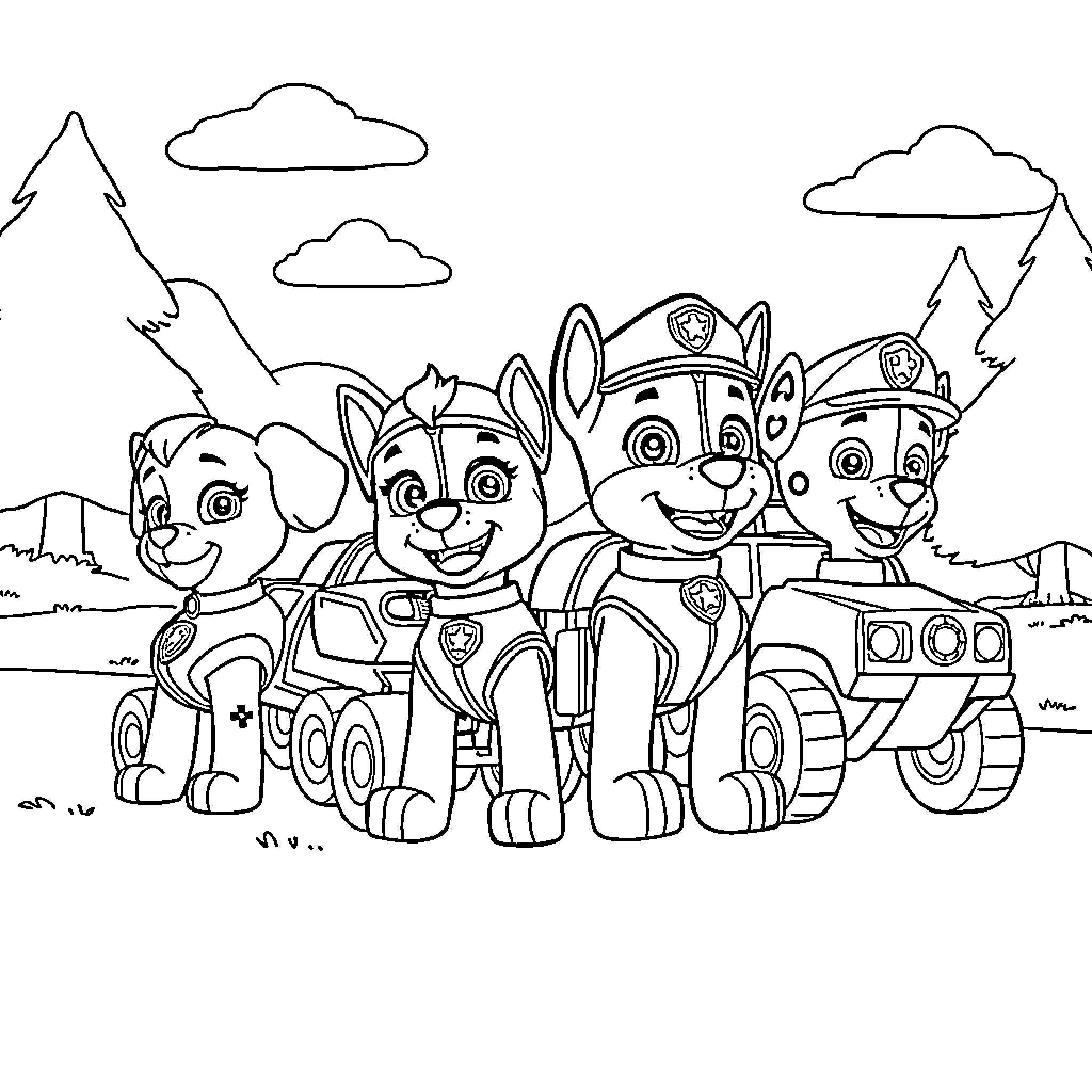 Paw Patrol Pups Adventuring Together Coloring Page (free black-and-white line drawing printable PDF for all, from beginners to advanced learners, including children, teens, adults, and seniors)