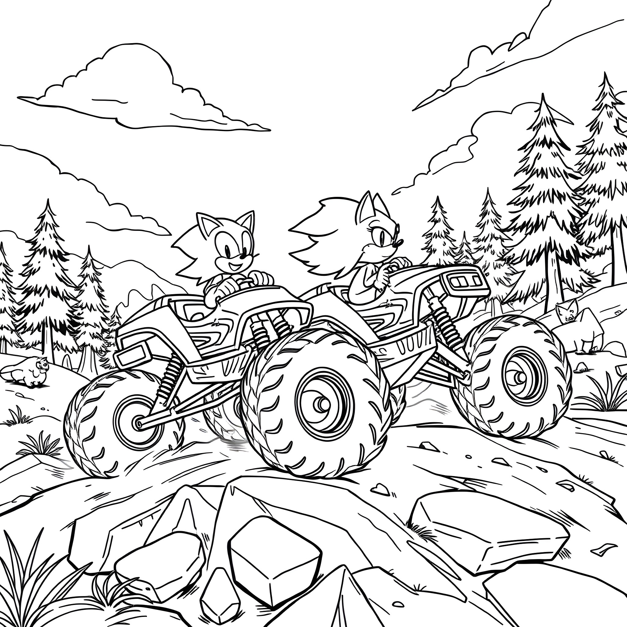 Sonic and friends racing on off-road vehicles Coloring Page (free black-and-white line drawing printable PDF for all, from beginners to advanced learners, including children, teens, adults, and seniors)