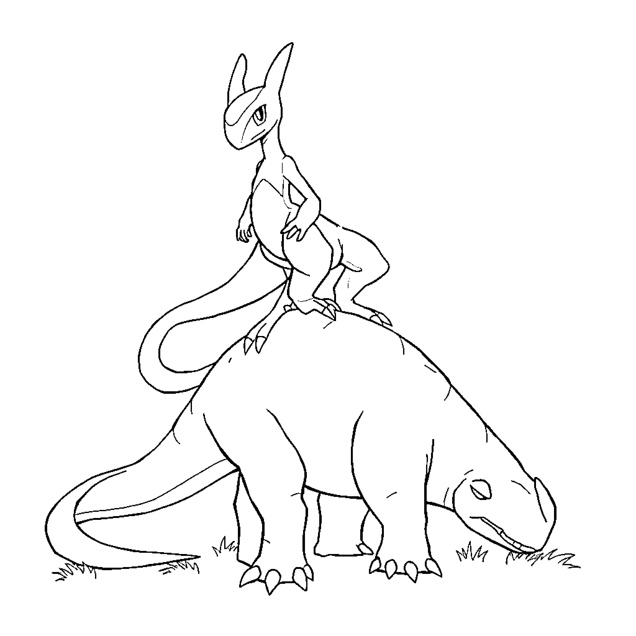 Mewtwo standing vigilantly on a Pokémon Coloring Page (free black-and-white line drawing printable PDF for all, from beginners to advanced learners, including children, teens, adults, and seniors)
