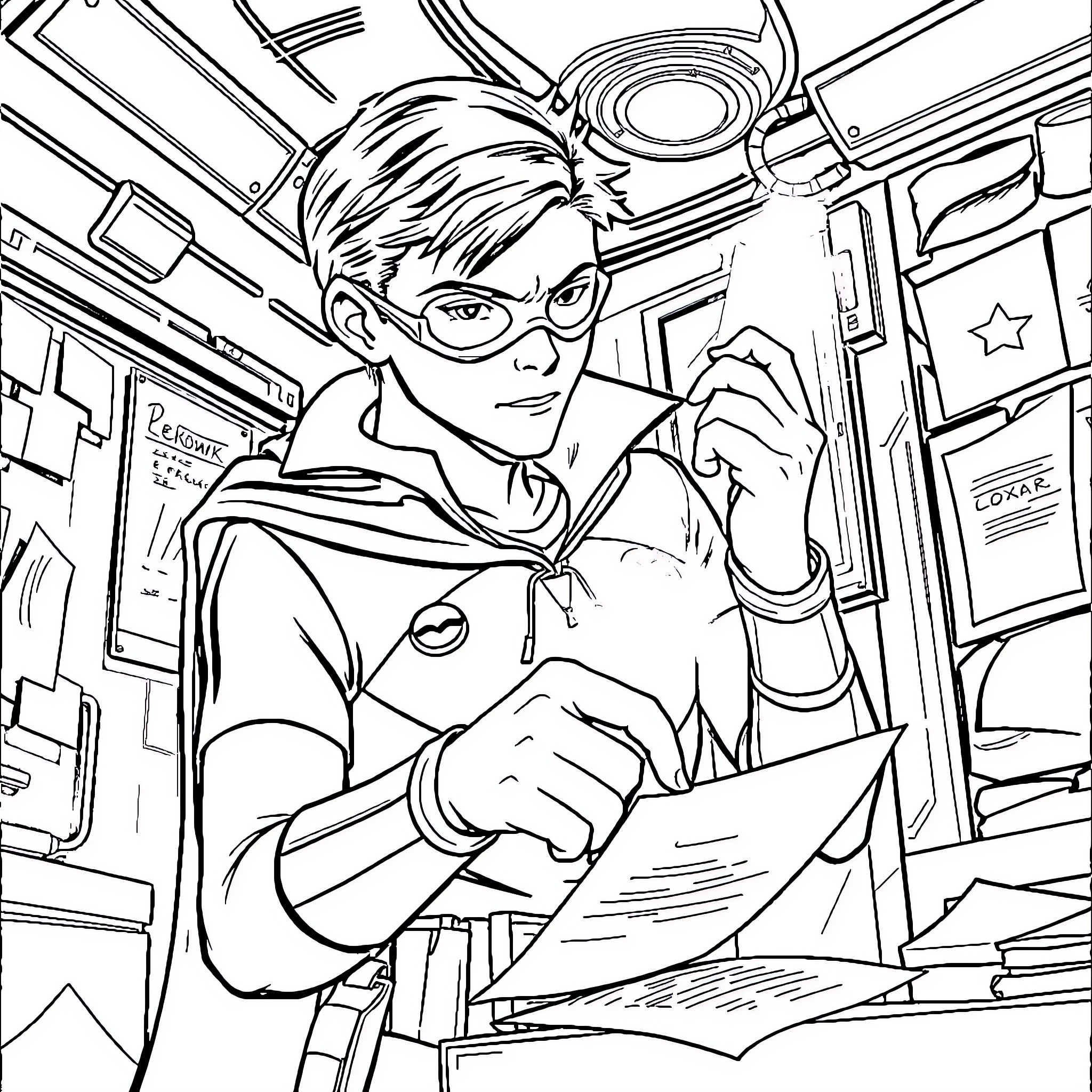Robin reading intently in a classroom setting Coloring Page (free black-and-white line drawing printable PDF for all, from beginners to advanced learners, including children, teens, adults, and seniors)