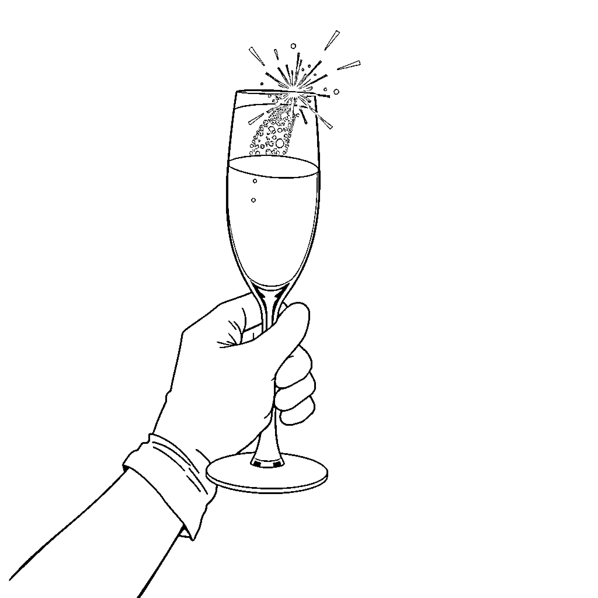 Hand holding celebratory champagne glass Coloring Page (free black-and-white line drawing printable PDF for all, from beginners to advanced learners, including children, teens, adults, and seniors)