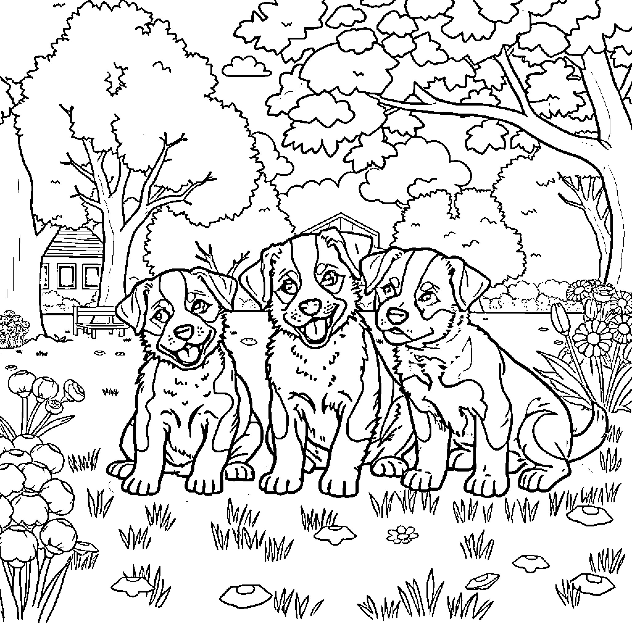 Puppy trio playing happily in the park Coloring Page (free black-and-white line drawing printable PDF for all, from beginners to advanced learners, including children, teens, adults, and seniors)