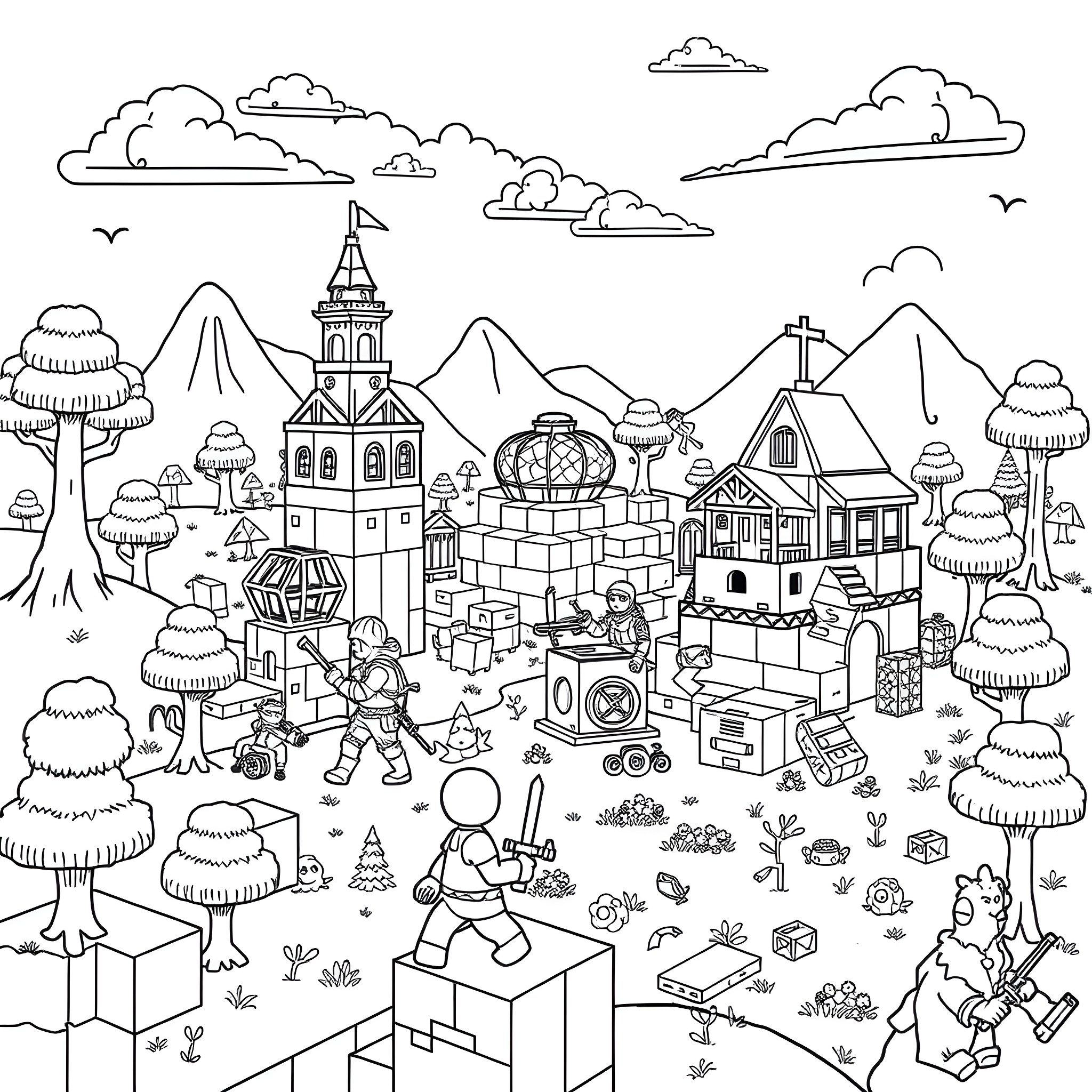 Fortnite characters exploring a fantastical town landscape Coloring Page (free black-and-white line drawing printable PDF for all, from beginners to advanced learners, including children, teens, adults, and seniors)